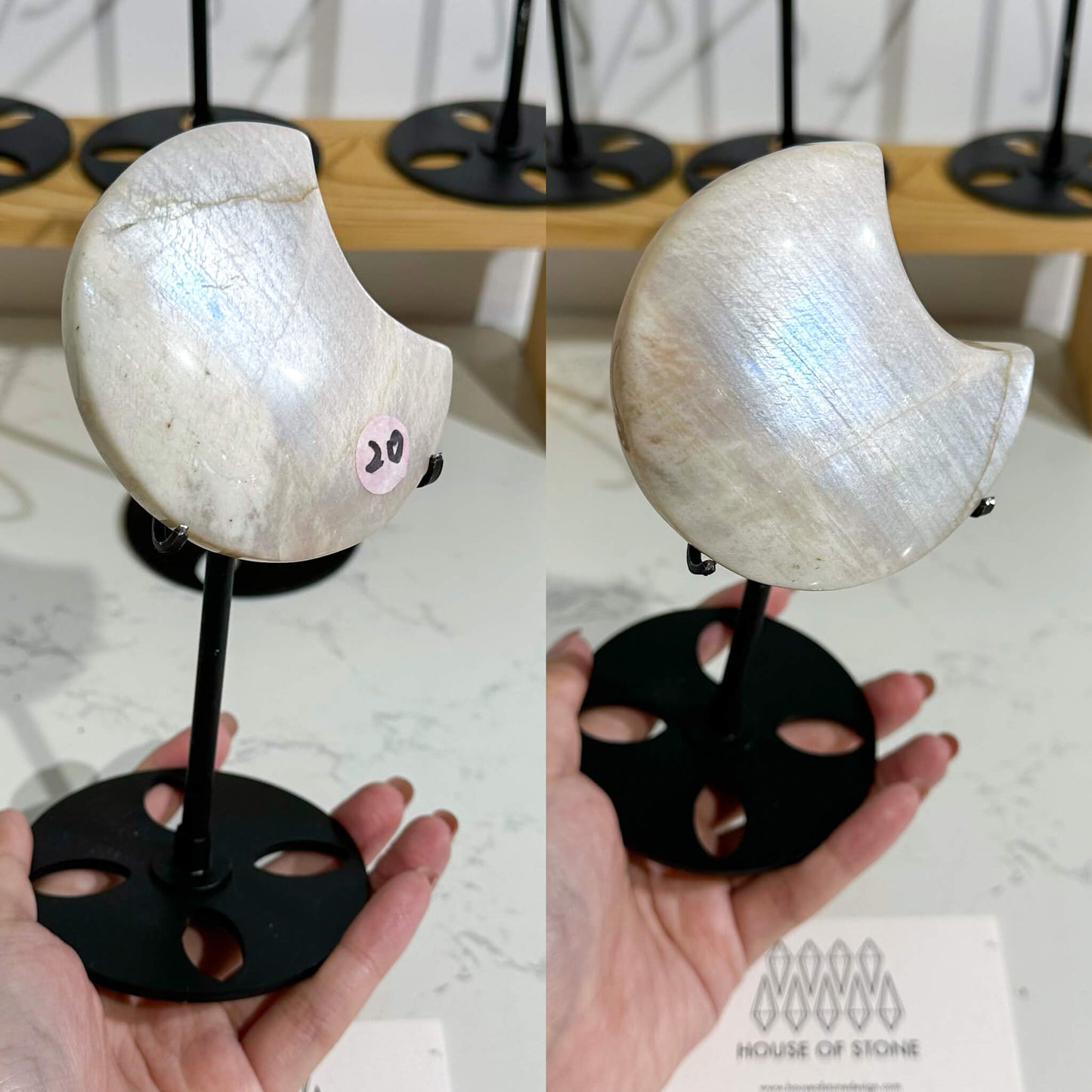 Natural Moonstone with Sunstone Carvings with STAND/Moonstone Moon with Base/Blue Moonstone Hand Carved Moon/Flash Moonstone with Sunstone