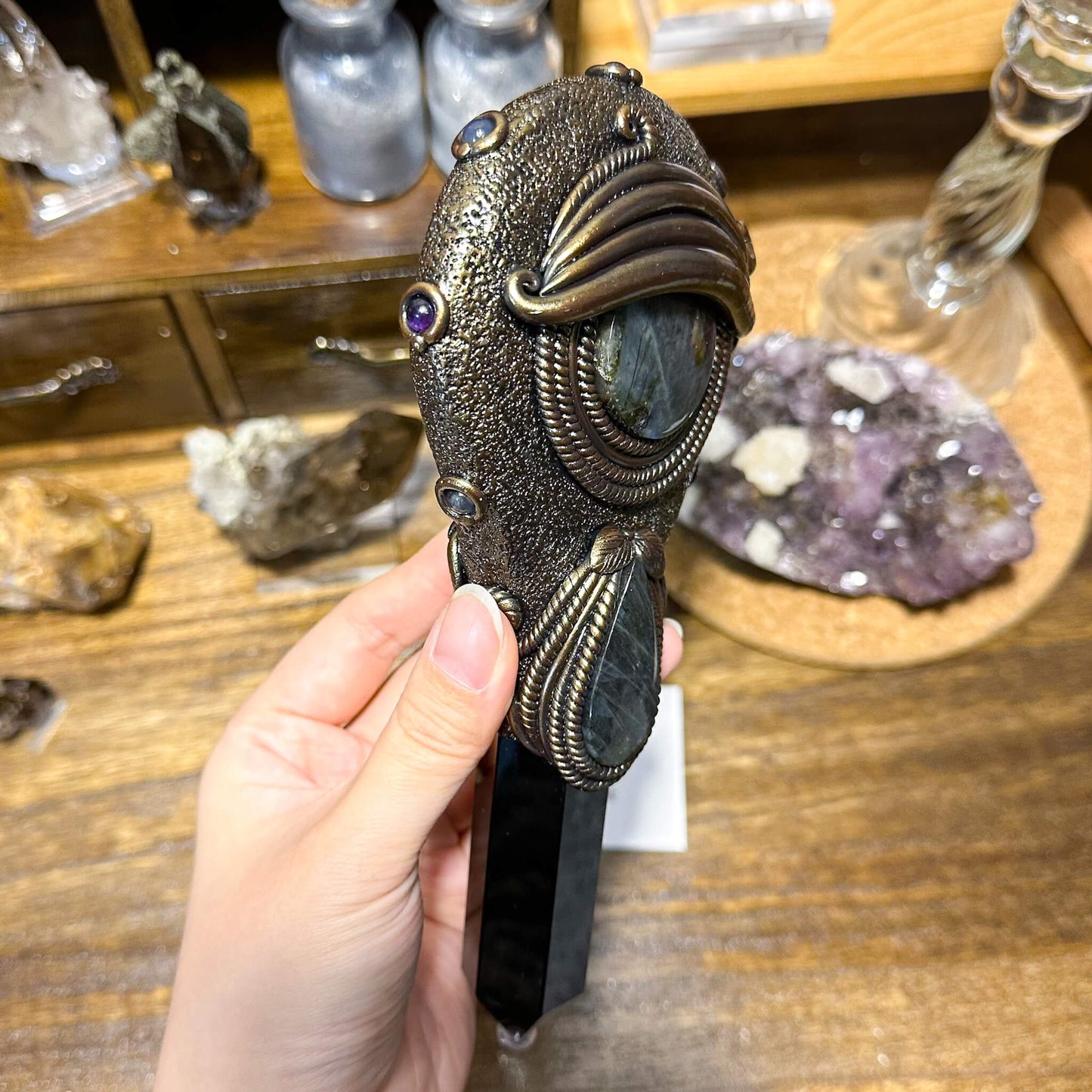 Handmade Natural Black Obsidian Mirror/Magic Obsidian Witch Wand/Crystal Quartz Wand/Scrying Mirror Wand/Root Chakra/Manifest Altar Tool