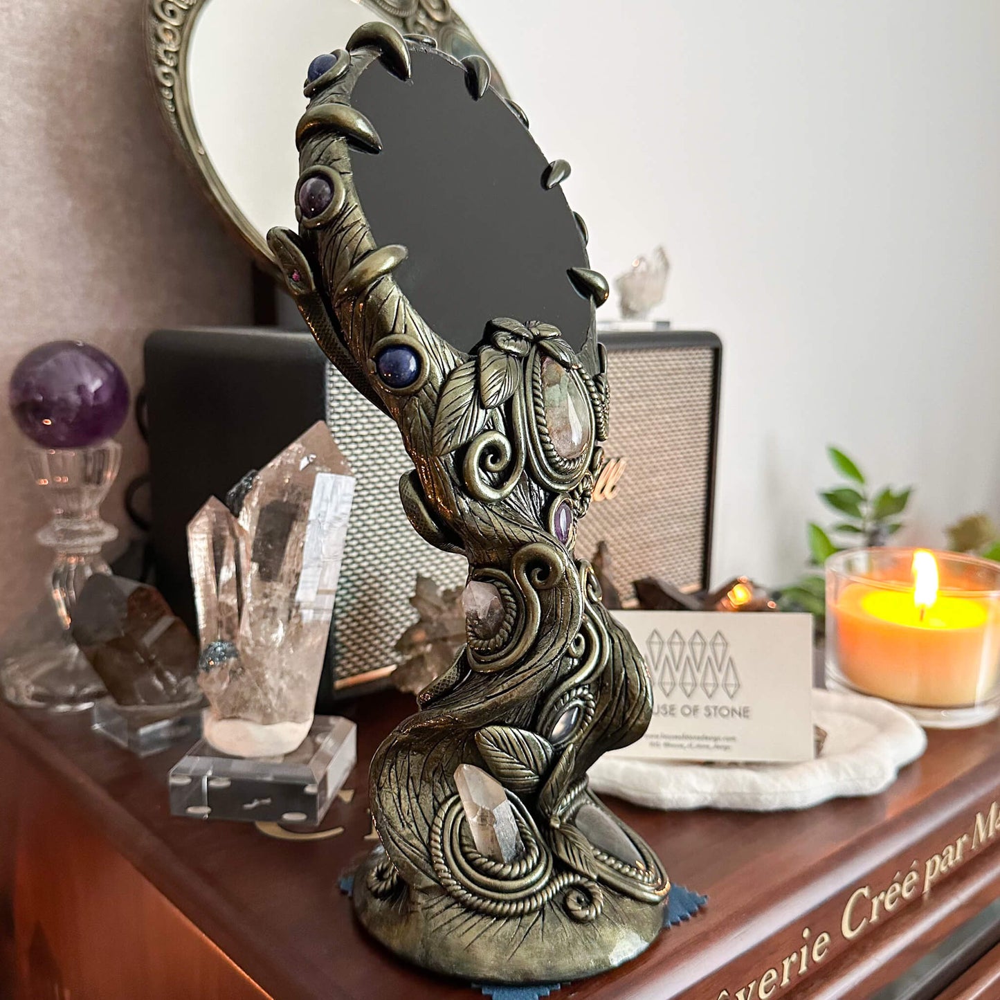 Handmade Natural Black Obsidian Mirror/Magic Obsidian Witch/Crystal Quartz with Base/Scrying Mirror/Root Chakra/Manifest Altar Tool