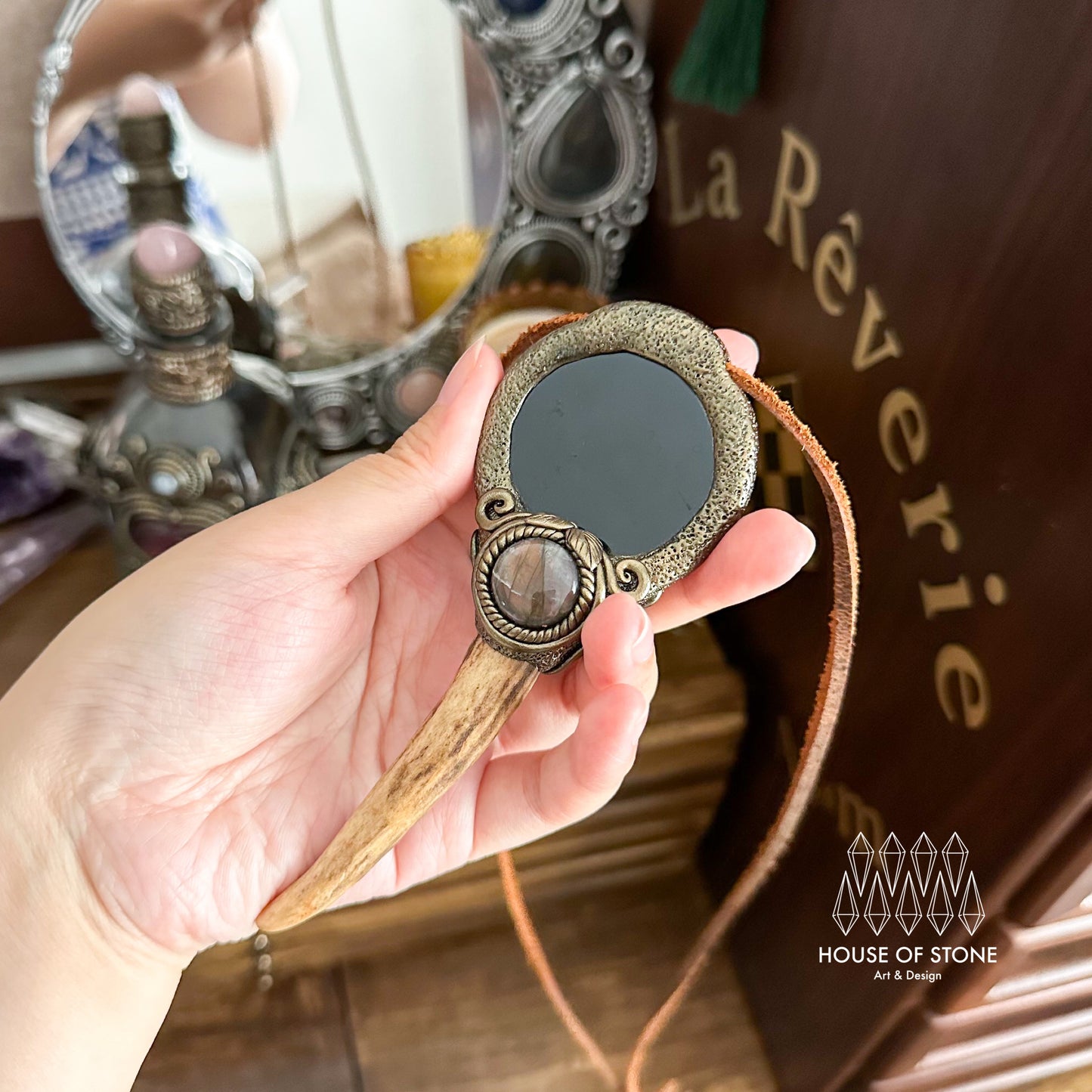 Natural Handmade Black Obsidian Pendant Necklace/Magic Obsidian Mirror Antler Crystal Pendant/Scrying Mirror Antler Jewelry/Chakra/AltarTool