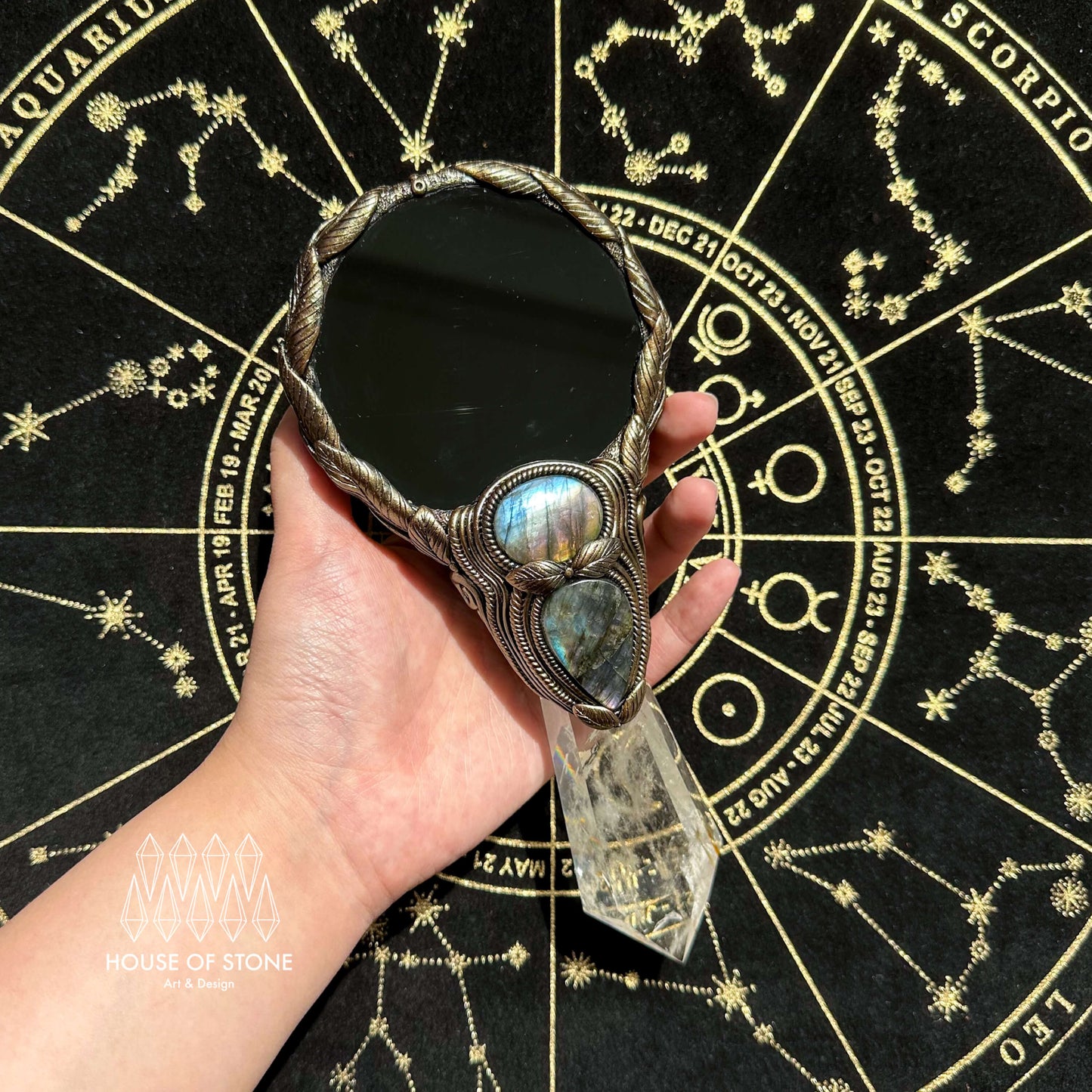 Natural Handmade Black Obsidian Mirror/Magic Black Obsidian Witch Mirror/Labradorite Wand/Clear Quartz Wand/Chakra/Manifest Altar Tool