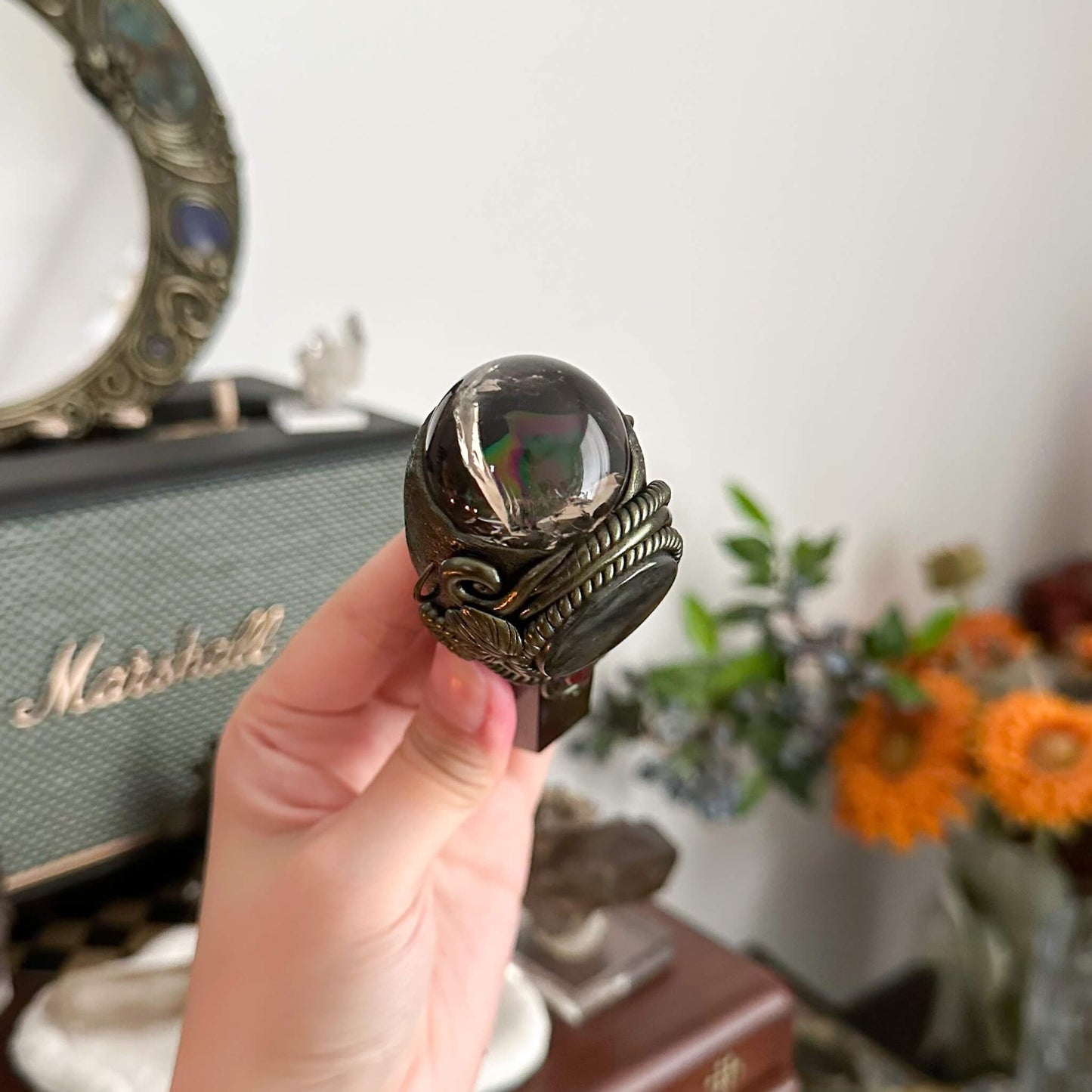 Handmade Natural Smoky Quartz Pendant Necklace/Magic Crystal Black Obsidian Pendant/Ammonite Necklace/Root Chakra/Manifest Altar Tool