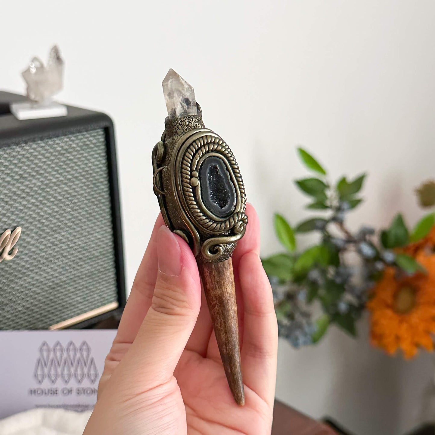 Handmade Natural Crystal Quartz Antler Pendant/Magic Crystal Necklace/Agate Labradorite Pendant/Root Chakra/Boho Necklace/Altar Tool