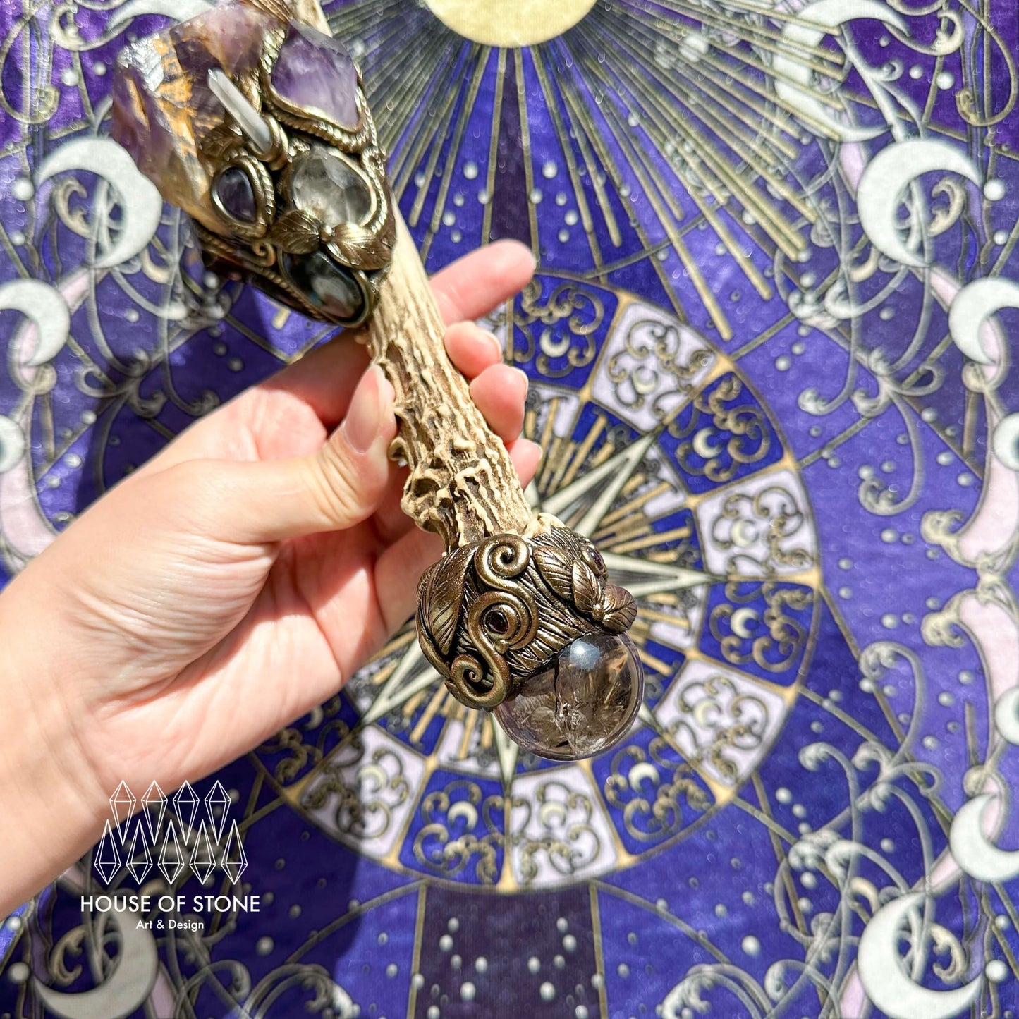 Natural Handmade Crystal Amethyst Antler Wand/Magic Clear Quartz Witch Wand/Labradorite Amethyst Garden Quartz Antler Stem/Chakra/Altar Tool