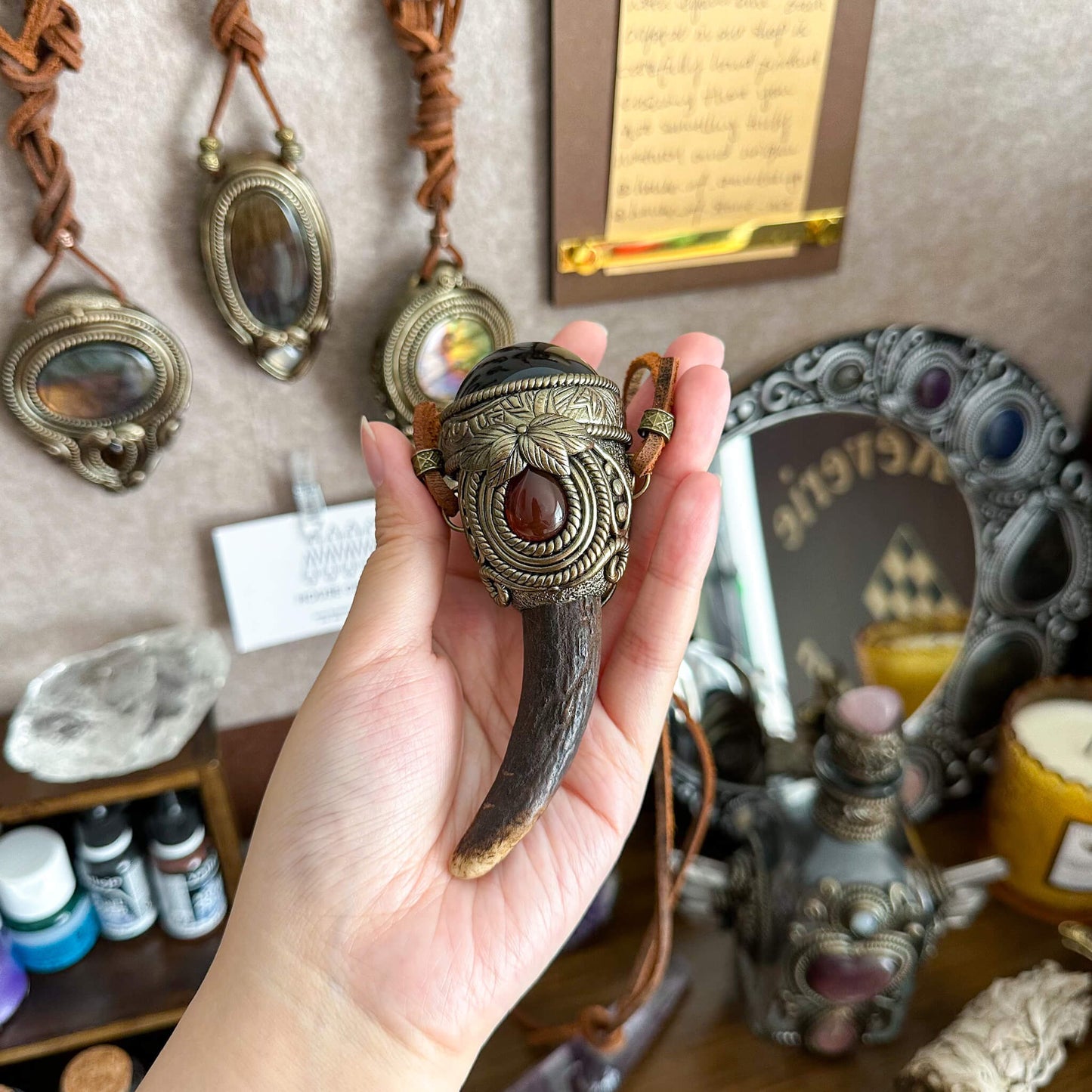 Natural Handmade Gold Obsidian Antler Pendant Necklace/Magic Obsidian Crystal Double-sided Pendant/Labradorite Jewelry/Chakra/Altar Tool