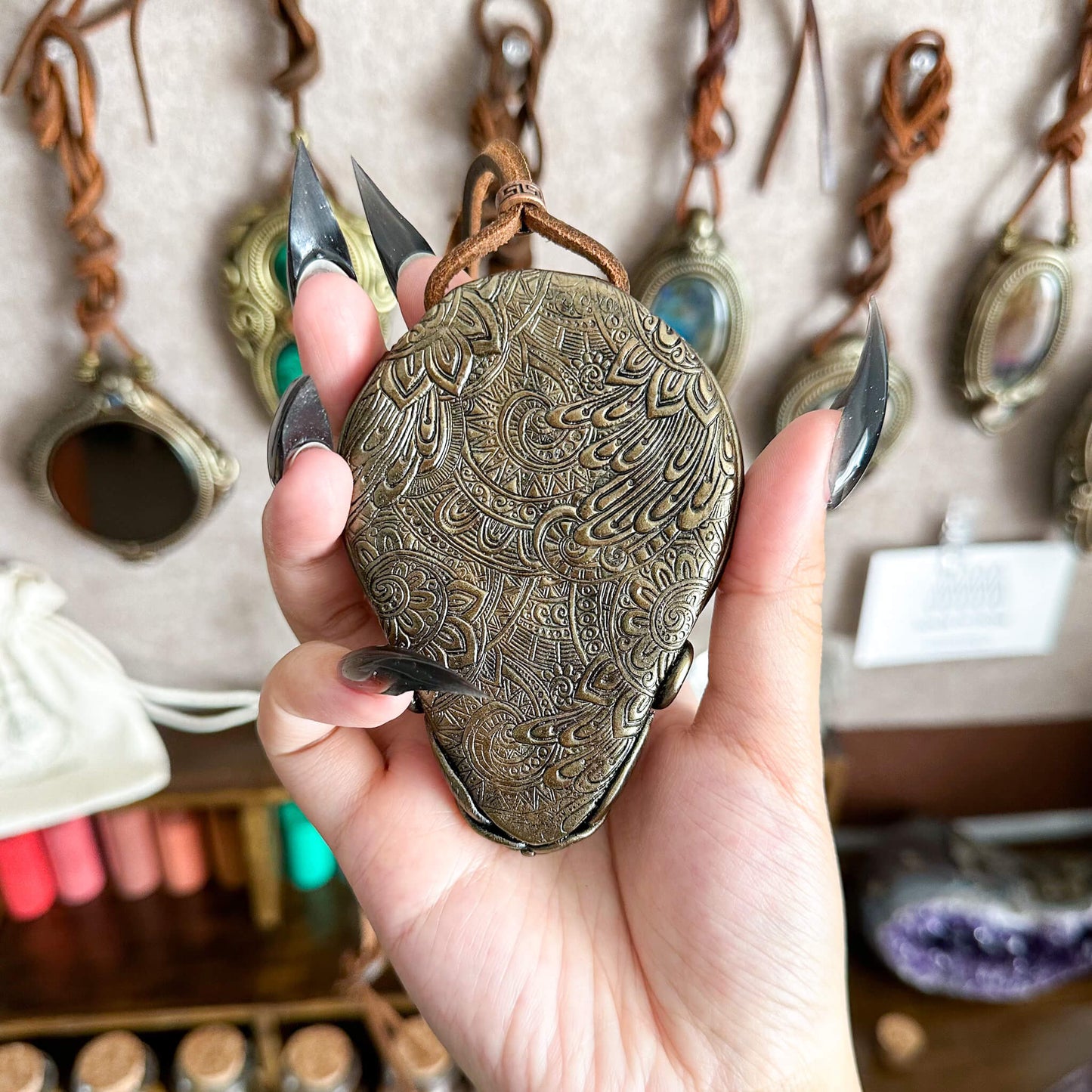 Natural Handmade Black Obsidian Pendant Necklace/Magic Obsidian Mirror Crystal Pendant/Scrying Mirror Purple Lepidolite Jewelry/Altar Tool