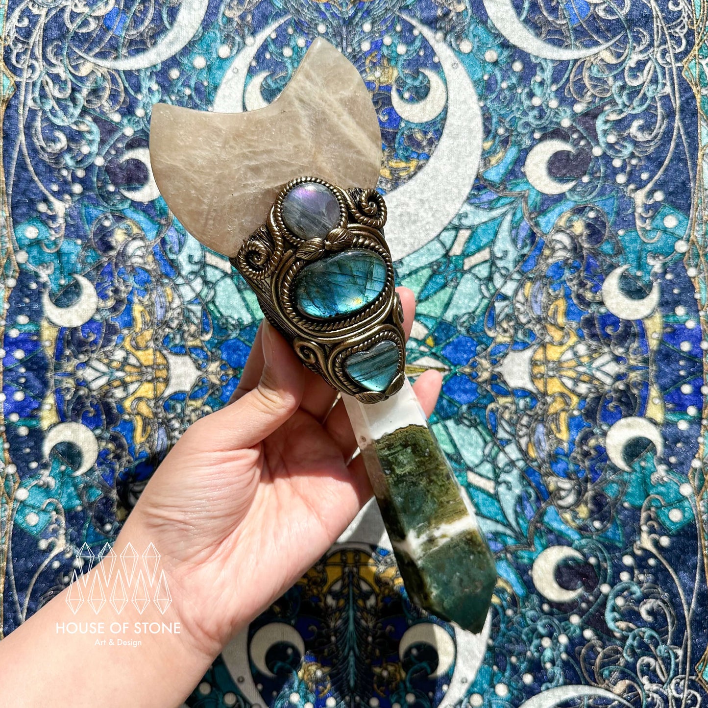 Natural Handmade Moss Agate Crystal Wand/Magic Witch Crystal Wand/Moonstone Labradorite Handle/Chakra/Manifest Altar Tool