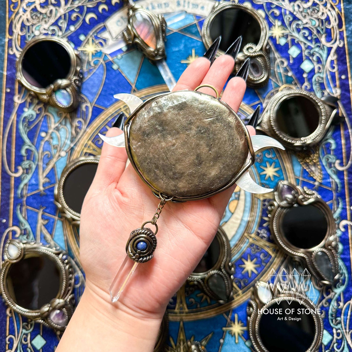 Handmade Natural Black Obsidian Triple Moon Pendant Necklace/Magic Obsidian Mirror Crystal Pendant/Scrying Mirror Protection Jewelry/Altar Tool