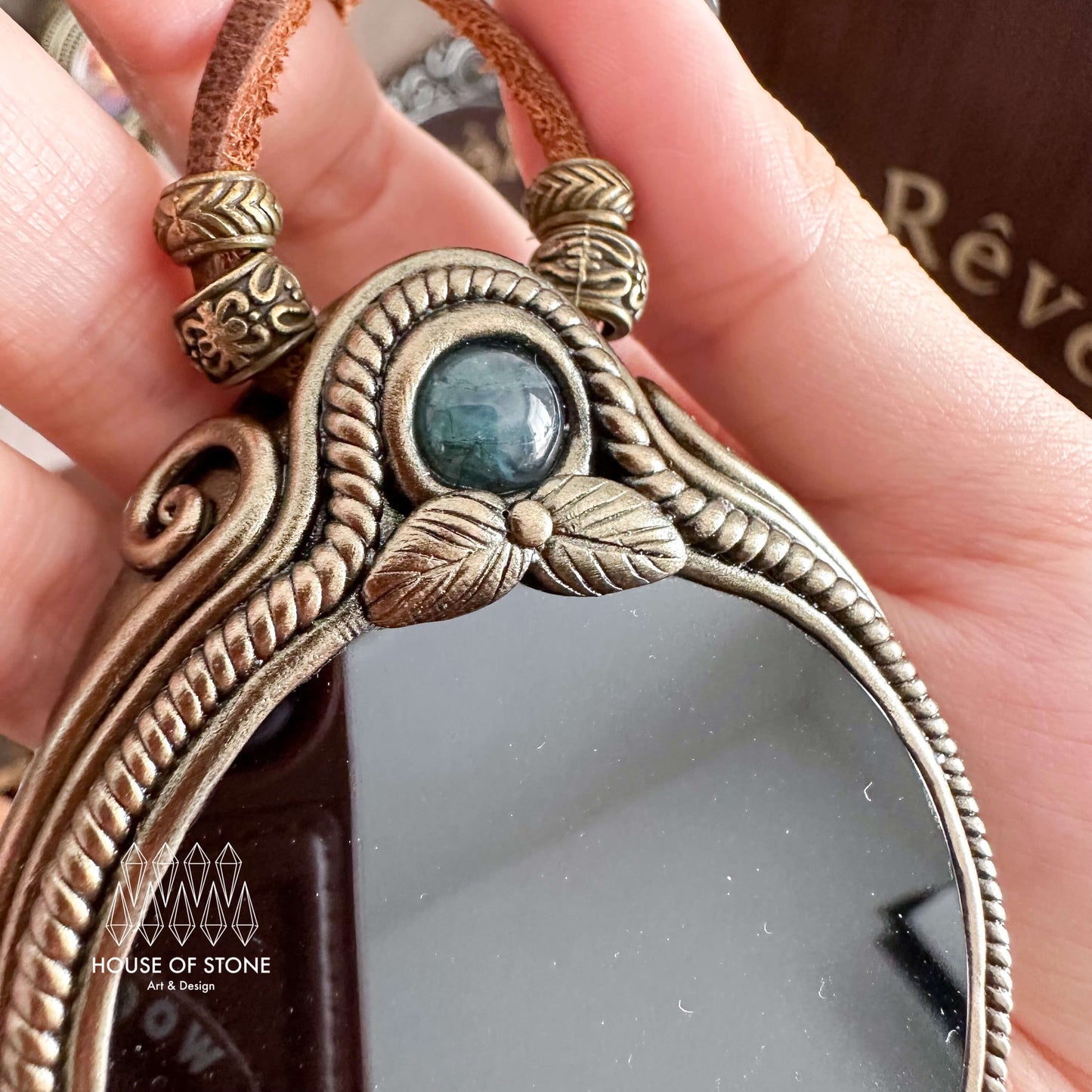 Natural Handmade Black Obsidian Pendant Necklace/Magic Obsidian Mirror Crystal Pendant/Scrying Mirror Moss Agate Jewelry/Chakra/Altar Tool