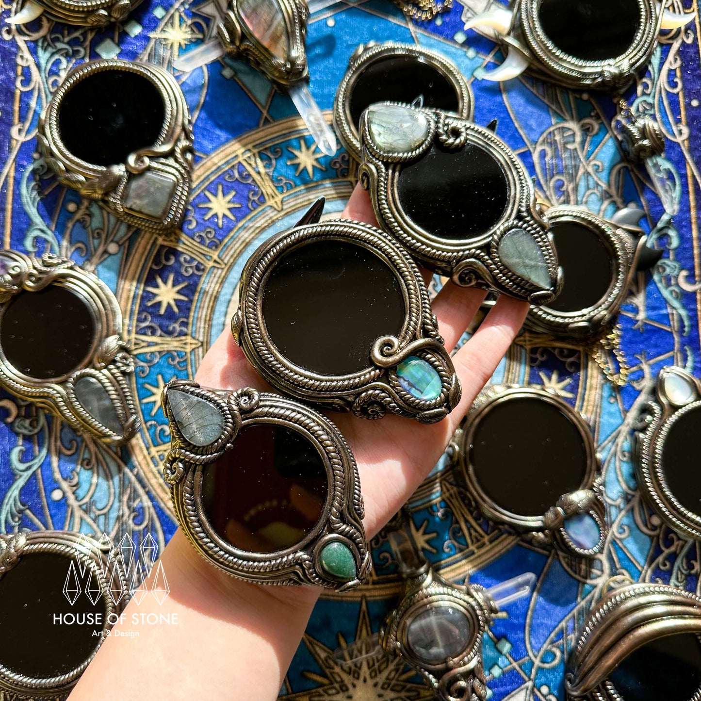 Handmade Natural Black Obsidian Pendant Necklace/Magic Obsidian Mirror Crystal Pendant/Scrying Mirror Abalone Shell Jewelry/Altar Tool