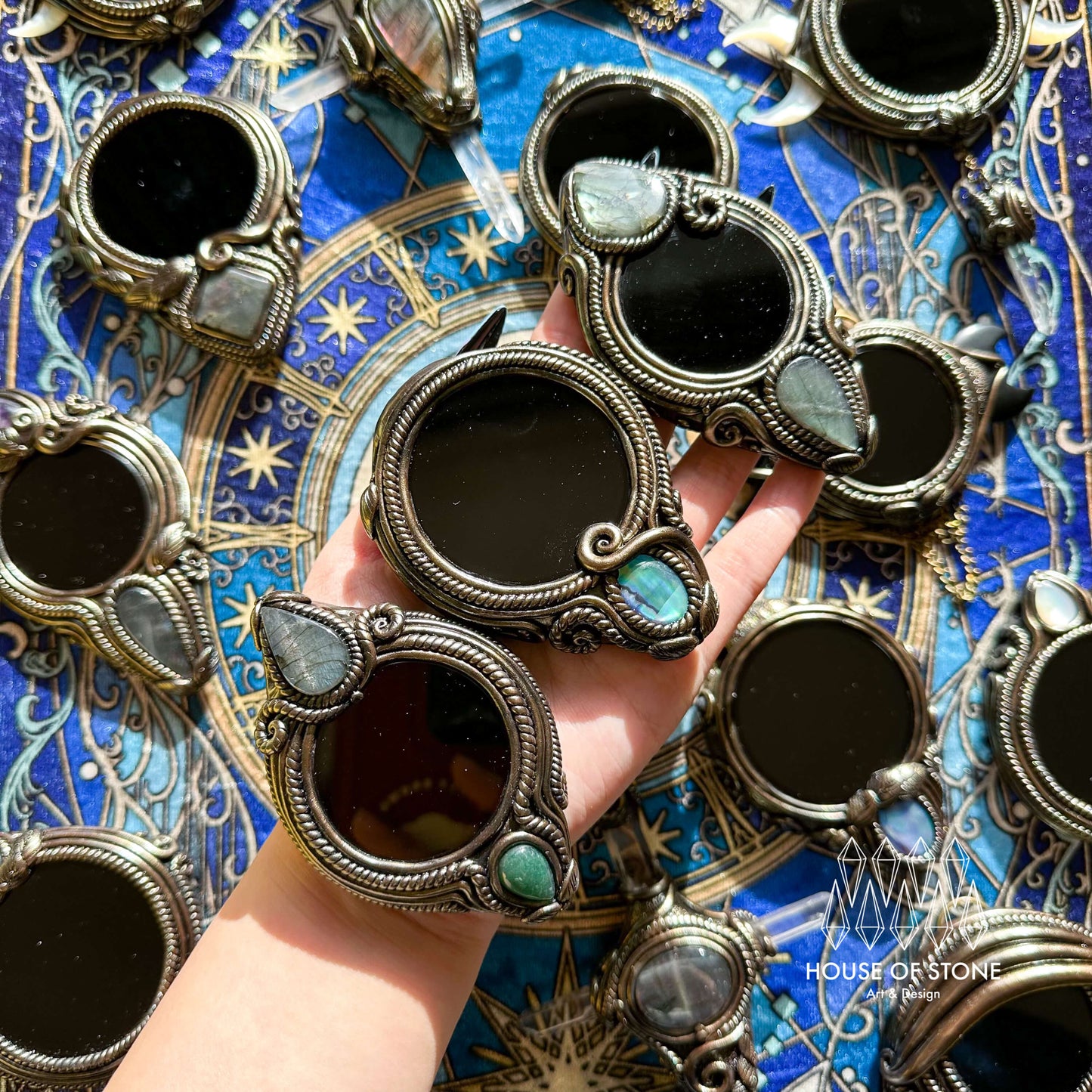 Handmade Natural Black Obsidian Pendant Necklace/Magic Obsidian Mirror Crystal Pendant/Scrying Mirror Labradorite Protection Jewelry/Altar Tool