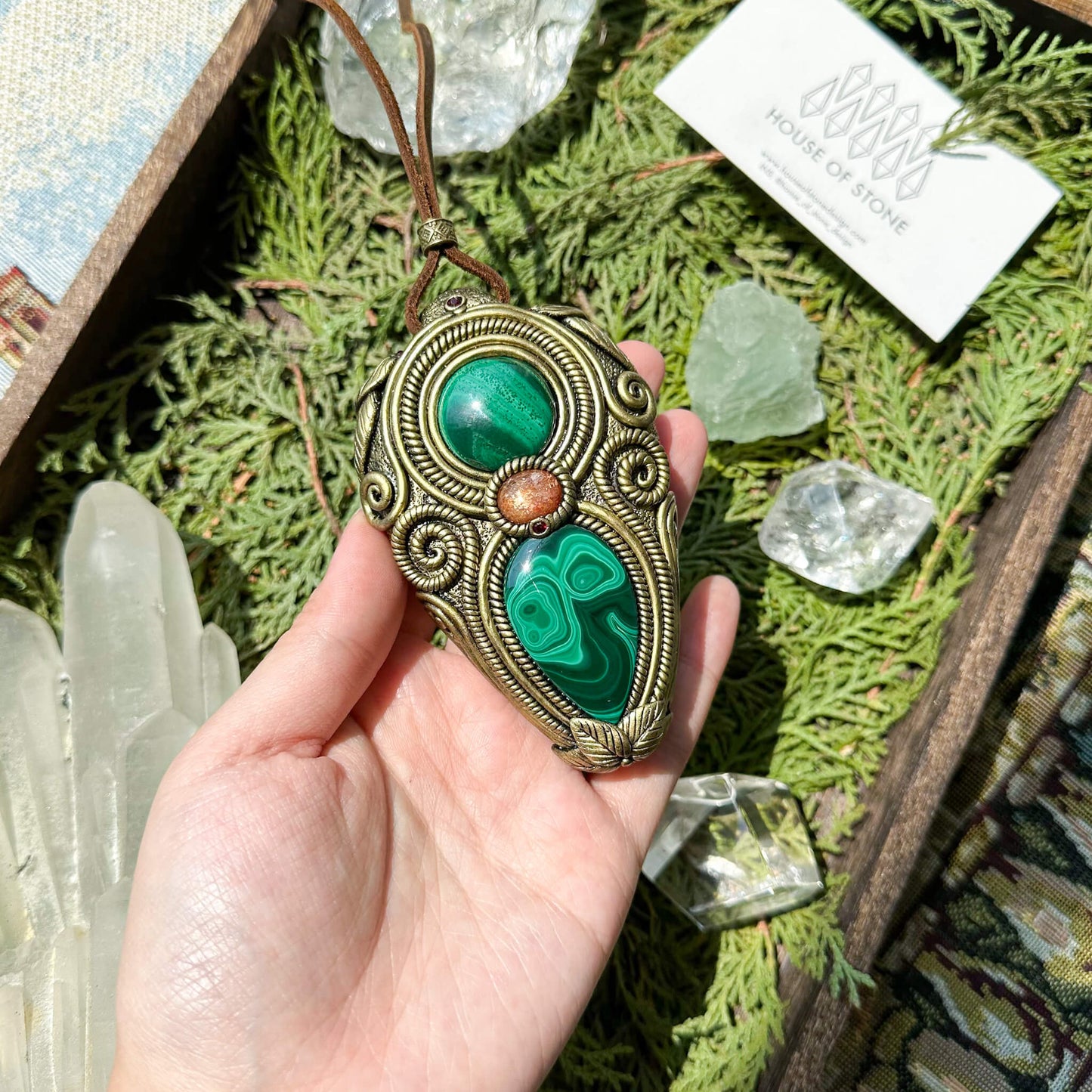 Natural Handmade Malachite Pendant Necklace/Magic Sunstone Crystal Double-sided Pendant/Malachite Jewelry/Chakra/Altar Tool