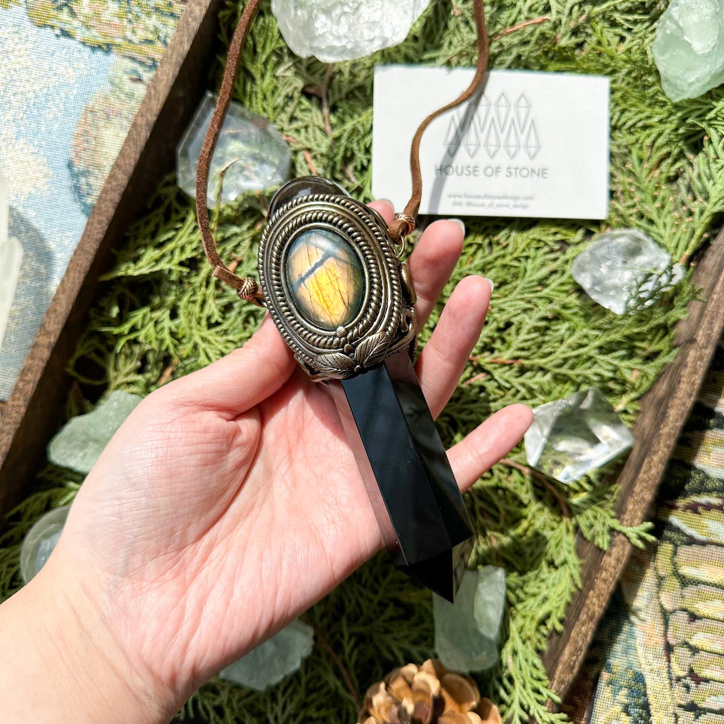 Natural Handmade Black Obsidian Pendant Necklace/Magic Smoky Quartz Crystal Pendant/Labradorite Jewelry/Chakra/Altar Tool