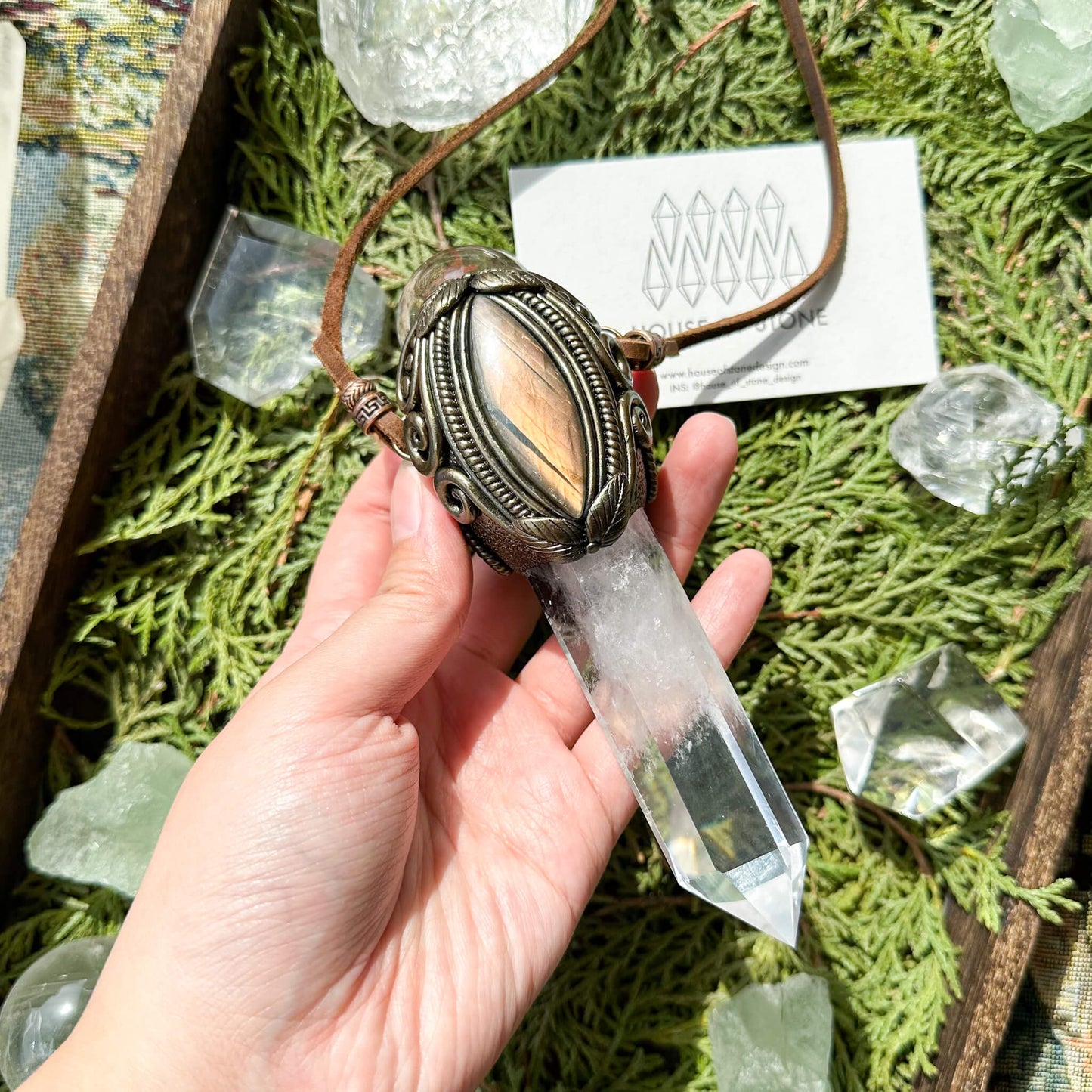 Natural Handmade Clear Quartz Pendant Necklace/Magic Smoky Quartz Crystal Double-sided Pendant/Labradorite Jewelry/Chakra/Altar Tool