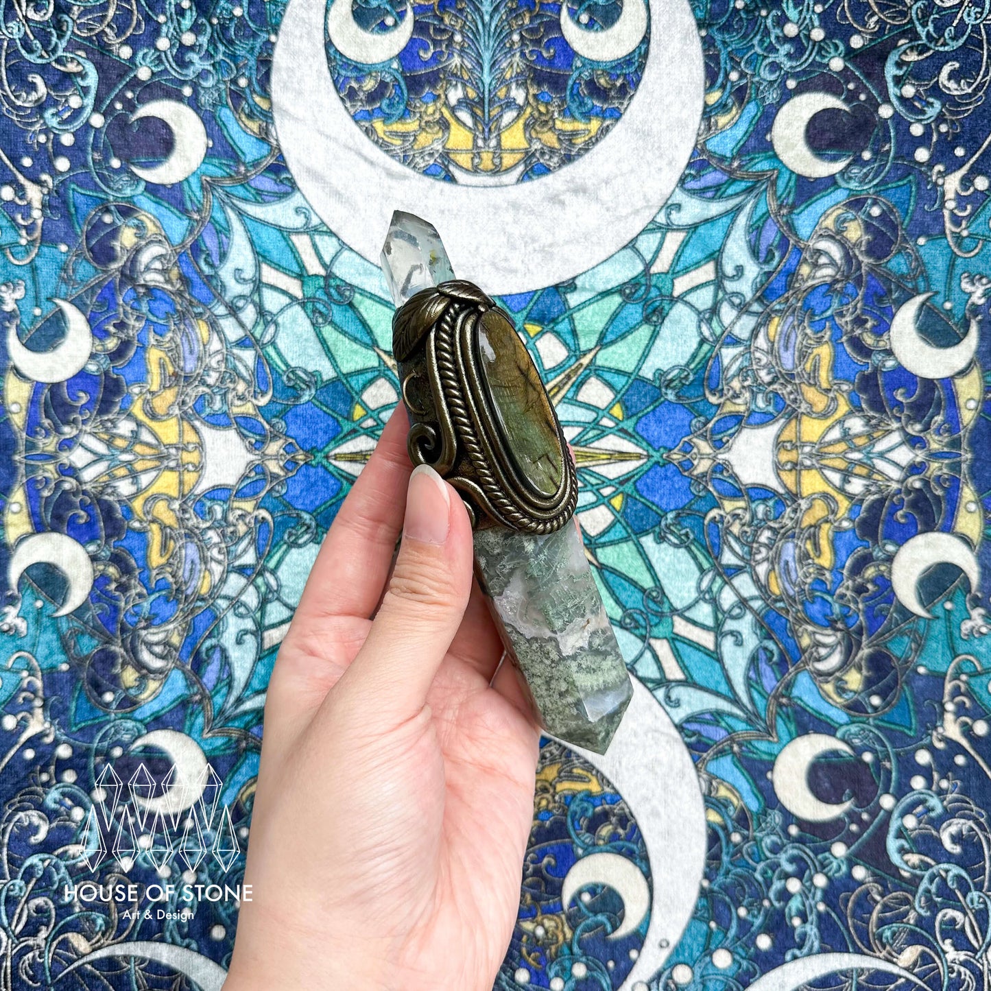Handmade Natural Moss Agate Pendant Necklace/Magic Herkimer Diamond Protection Pendant/Amulet Talisman Jewelry/Heart Chakra/Altar Tool