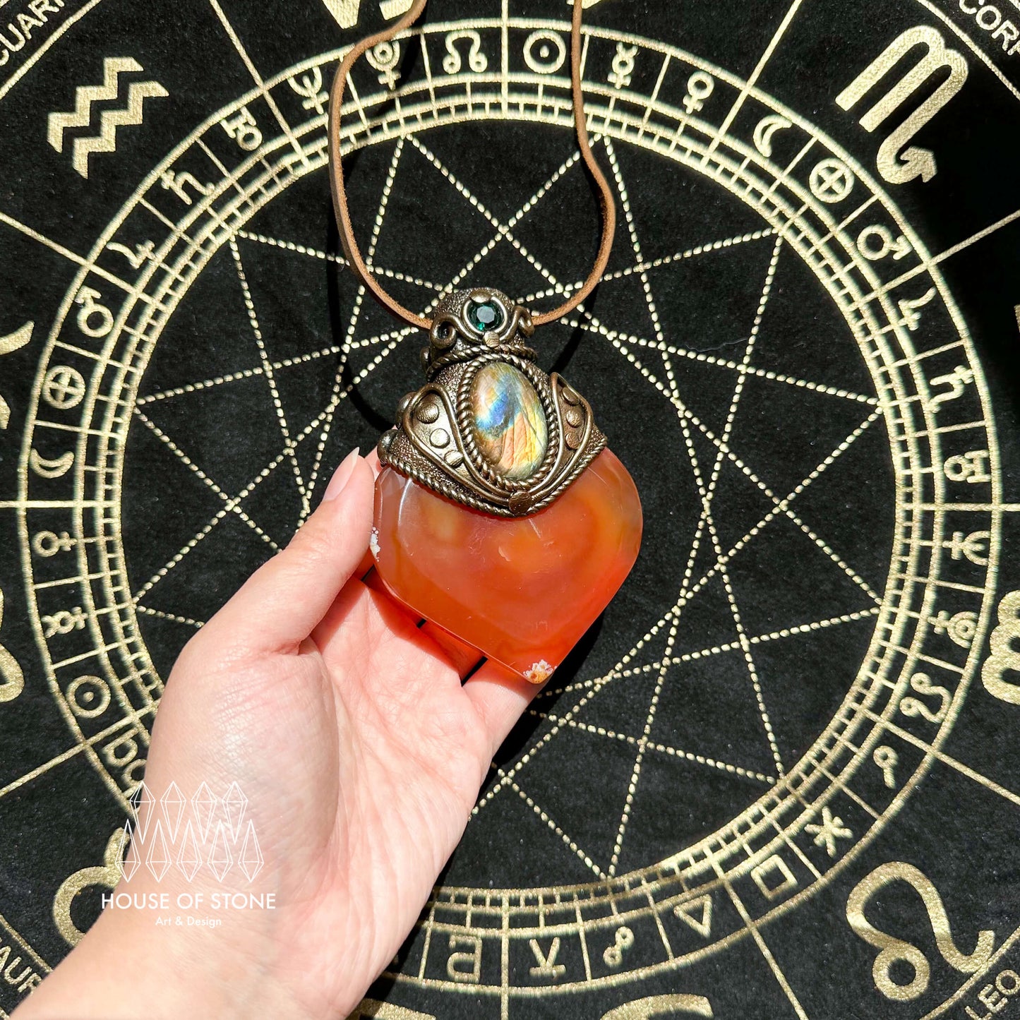 Natural Handmade Carnelian Pendant Necklace/Magic Red Agate Crystal Double-sided Pendant/Labradorite Jewelry/Chakra/Altar Tool