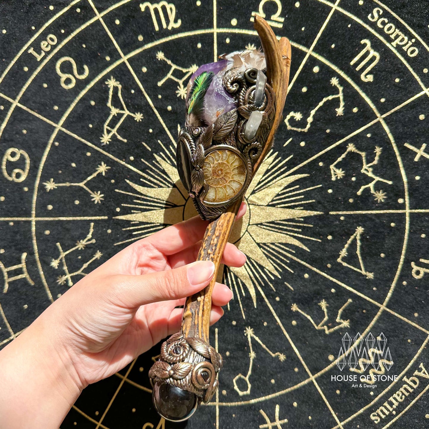Natural Handmade Crystal Amethyst Antler Wand/Magic Clear Quartz Witch Wand/Labradorite Amethyst Ammonite Antler Stem/Chakra/Altar Tool