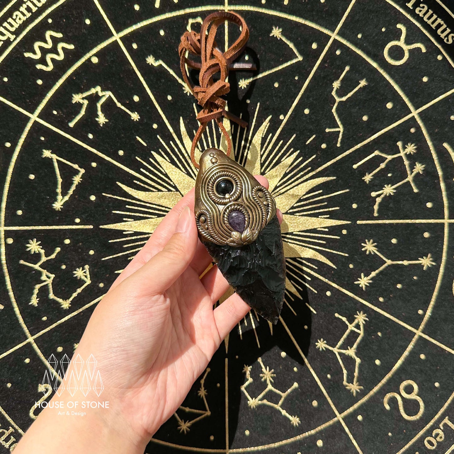 Natural Handmade Black Obsidian Pendant Necklace/Magic Crystal Double-sided Pendant/Labradorite Amethyst Jewelry/Chakra/Altar Tool