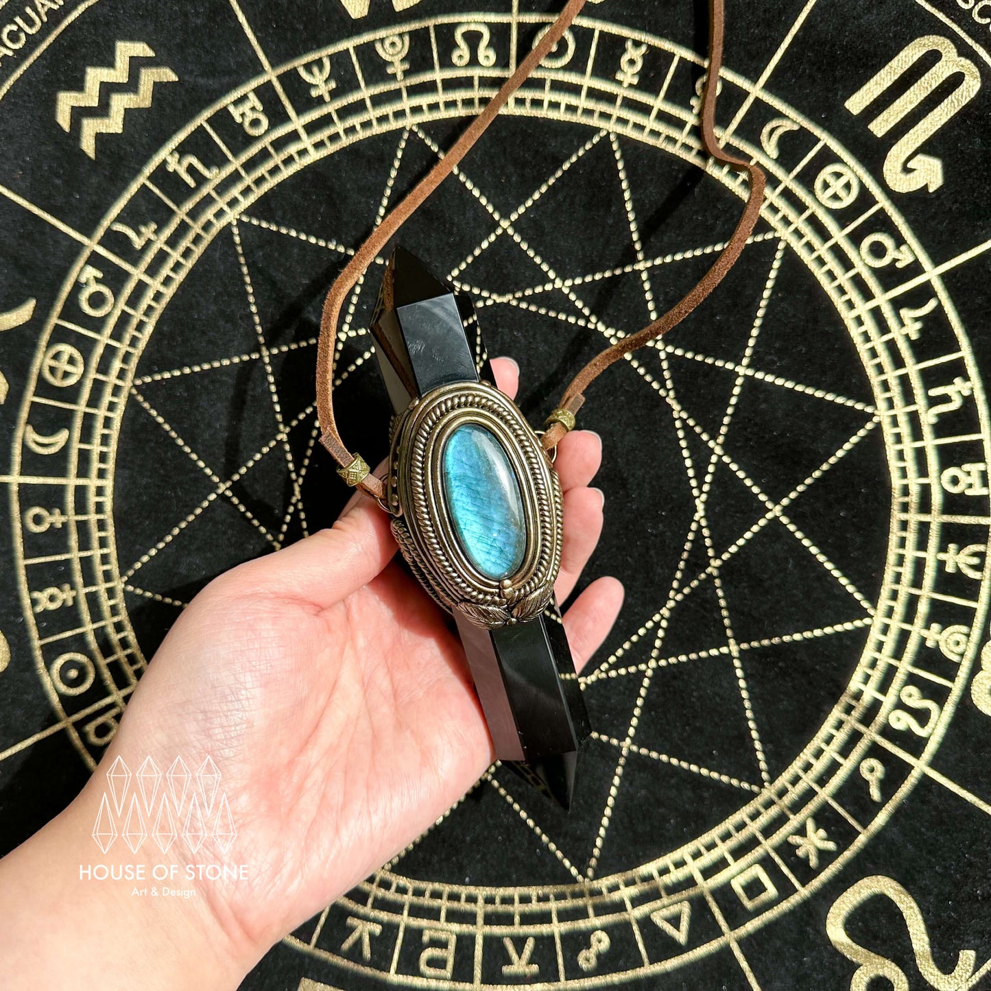 Natural Handmade Black Obsidian Pendant Necklace/Magic Black Obsidian Crystal Pendant/Labradorite Jewelry/Chakra/Altar Tool