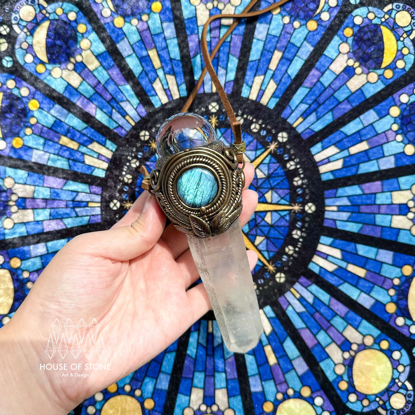 Natural Handmade Clear Quartz Pendant Necklace/Magic Clear Quartz Crystal Double-sided Pendant/Labradorite Jewelry/Chakra/Altar Tool