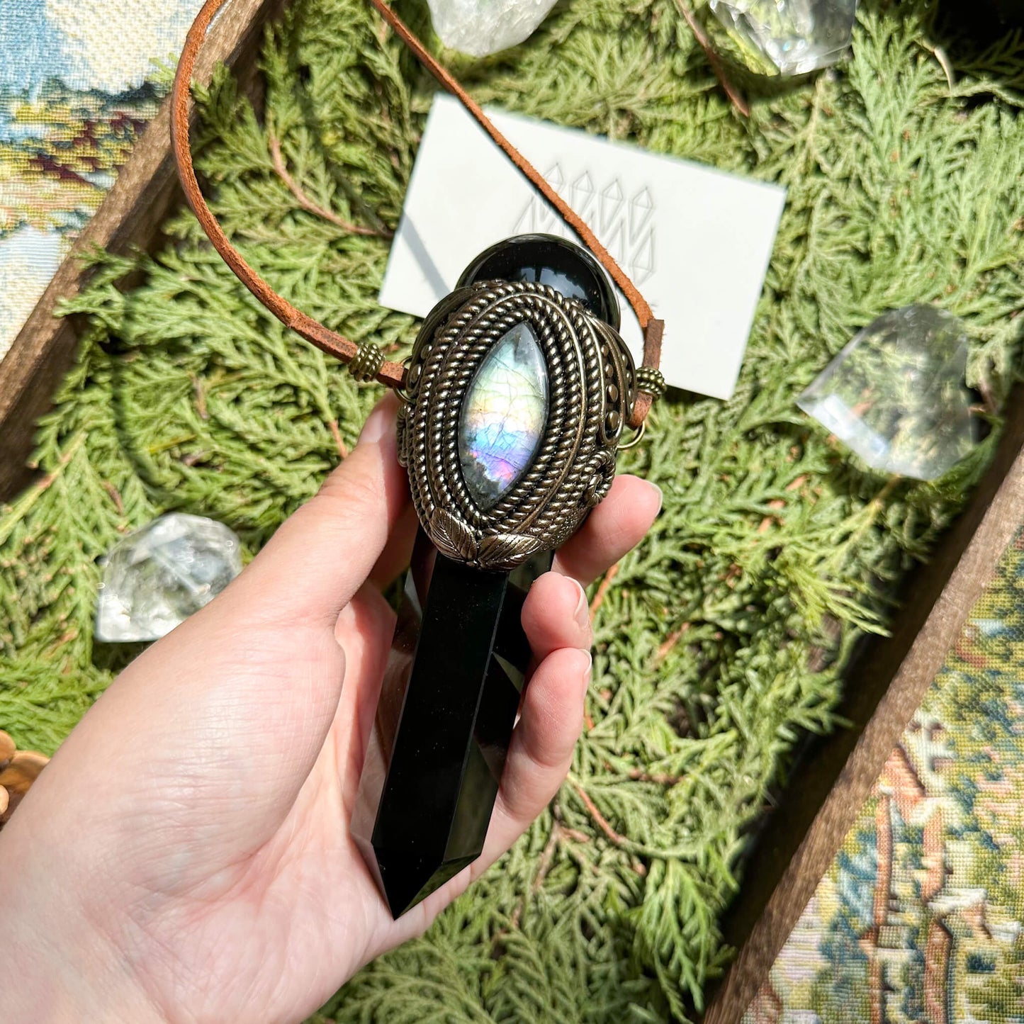 Natural Handmade Gold Sheen Obsidian Pendant Necklace/Magic Black Obsidian Crystal Double-sided Pendant/Labradorite Jewelry/Chakra/Altar Tool