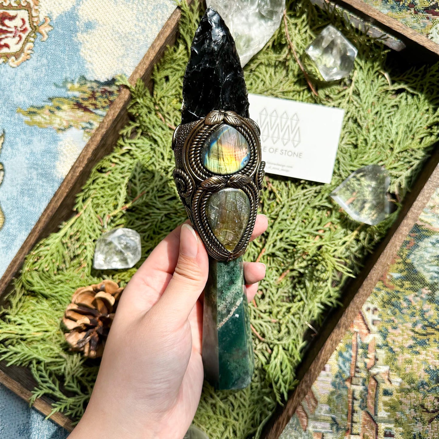 Natural Handmade Moss Agate Crystal Wand/Magic Witch Crystal Wand/Black Obsidian Moss Agate Labradorite Wand/Chakra/Manifest Altar Tool