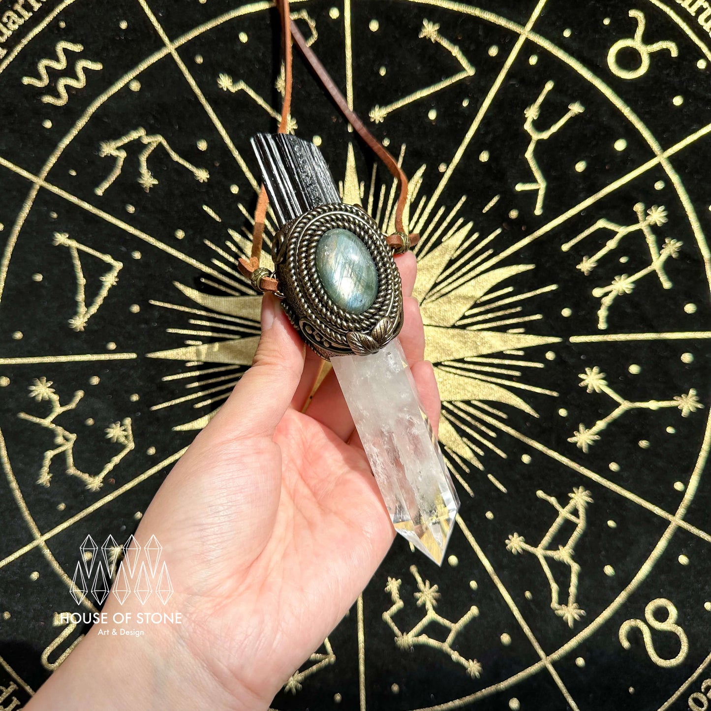 Natural Handmade Clear Quartz Pendant Necklace/Magic Black Tourmaline Crystal Double-sided Pendant/Labradorite Jewelry/Chakra/Altar Tool