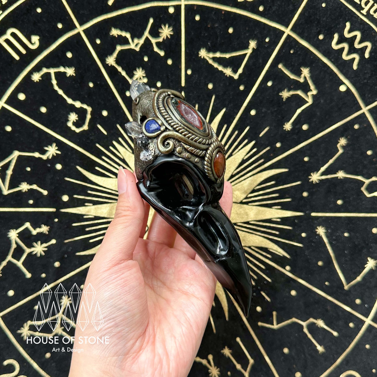 Handmade Natural Black Obsidian Raven Skull Pendant Necklace/Magic Herkimer Diamond Crystal Protection Pendant/Amulet Talisman Jewelry/Chakra/Altar Tool