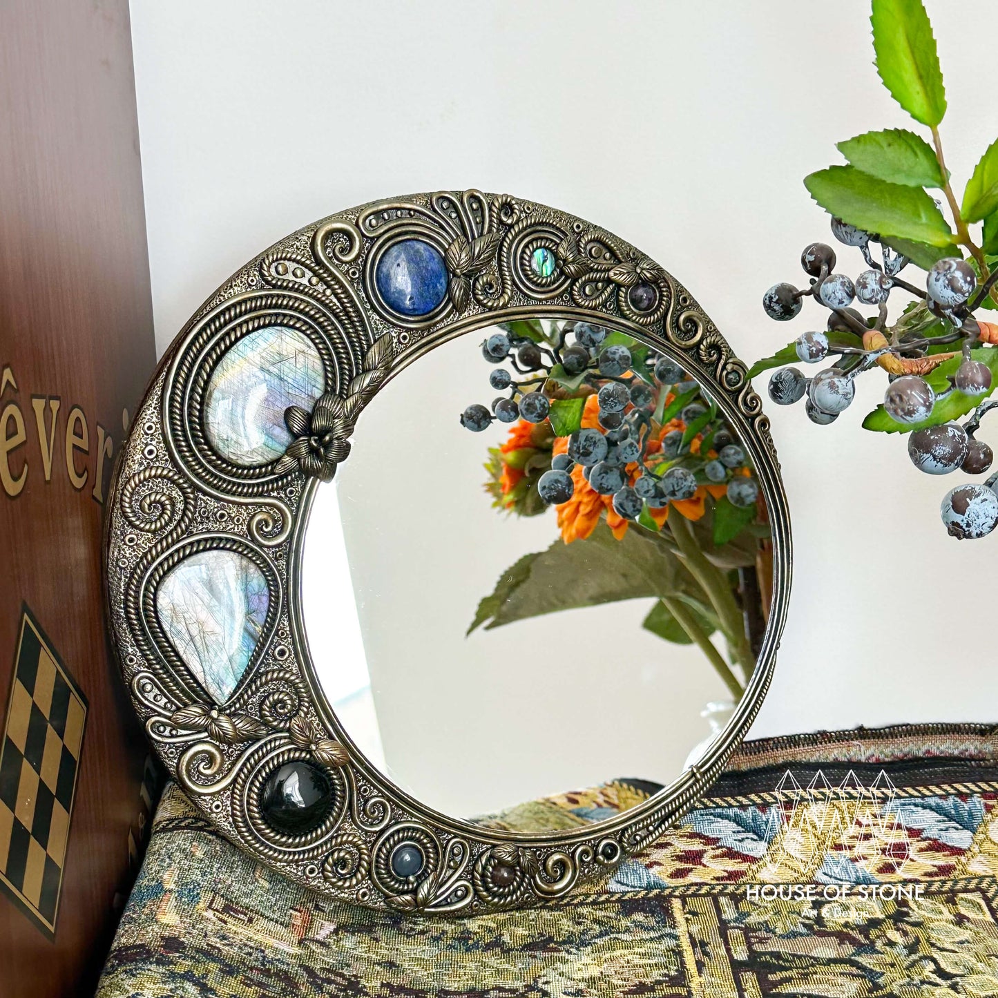 Handmade Natural Crystal Mirror/Magic Crystal Witch Mirror/Labradorite Mirror/Crystal Quartz Mirror/Chakra Healing/Manifest Altar Tool