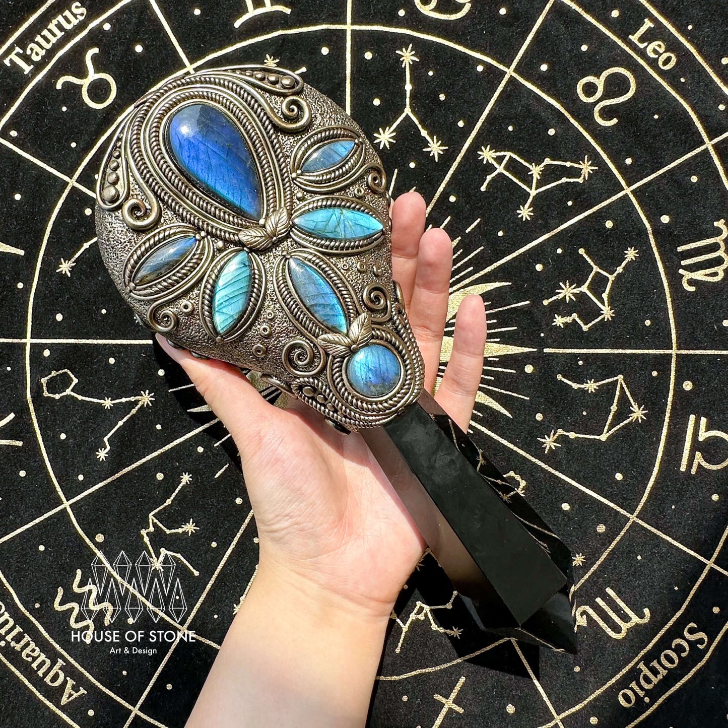 Natural Handmade Black Obsidian Mirror/Magic Black Obsidian Witch Mirror/Labradorite Wand/Clear Quartz Wand/Chakra/Manifest Altar Tool