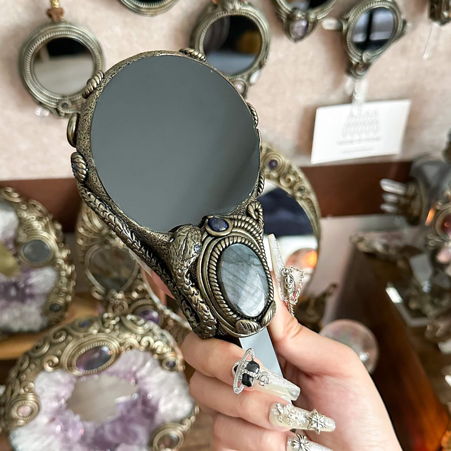 Handmade Natural Black Obsidian Mirror/Magic Obsidian Witch Wand/Crystal Quartz Wand/Scrying Mirror Wand/Root Chakra/Manifest Altar Tool
