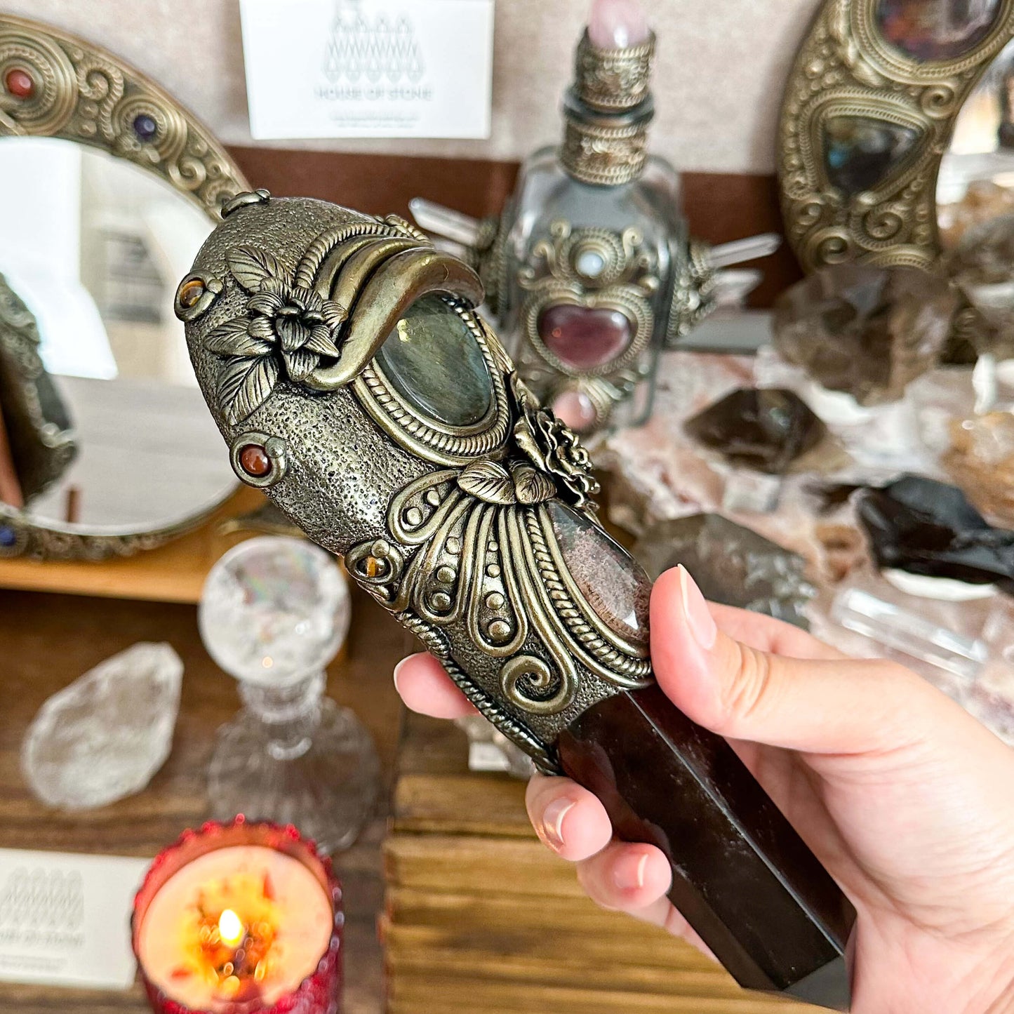 Handmade Natural Black Obsidian Mirror/Magic Obsidian Witch Wand/Crystal Quartz Wand/Scrying Mirror Wand/Root Chakra/Manifest Altar Tool
