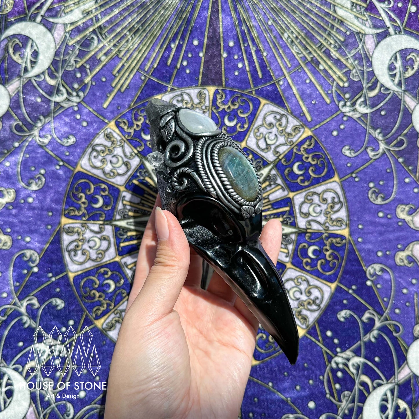 Handmade Natural Black Obsidian Raven Skull Pendant Necklace/Magic Herkimer Diamond Crystal Protection Pendant/Amulet Talisman Jewelry/Chakra/Altar Tool