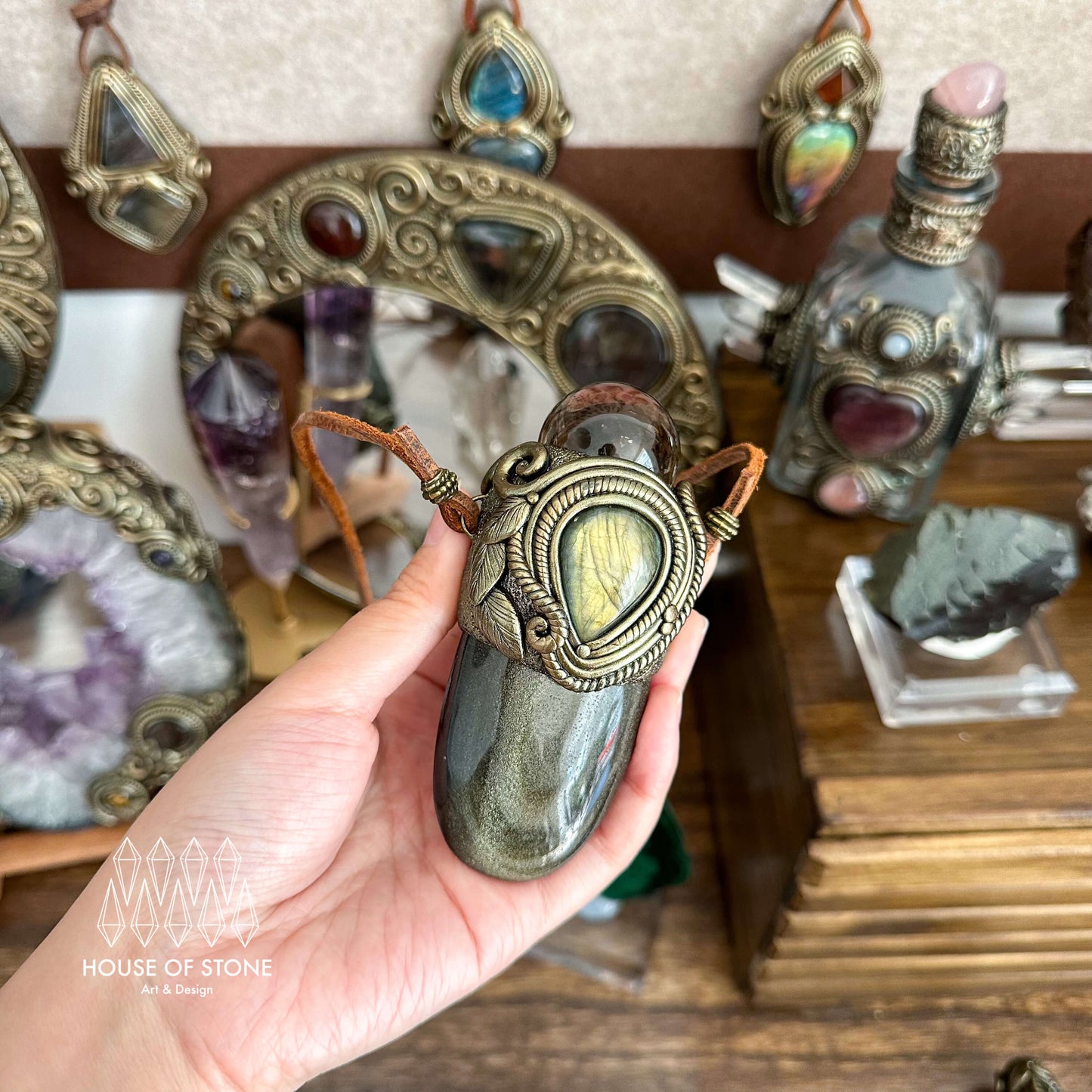 Handmade Natural Gold Sheen Obsidian Necklace/Magic Smoky Quartz Crystal Protection Pendant/Labradorite Jewelry/Root Chakra/Altar Tool