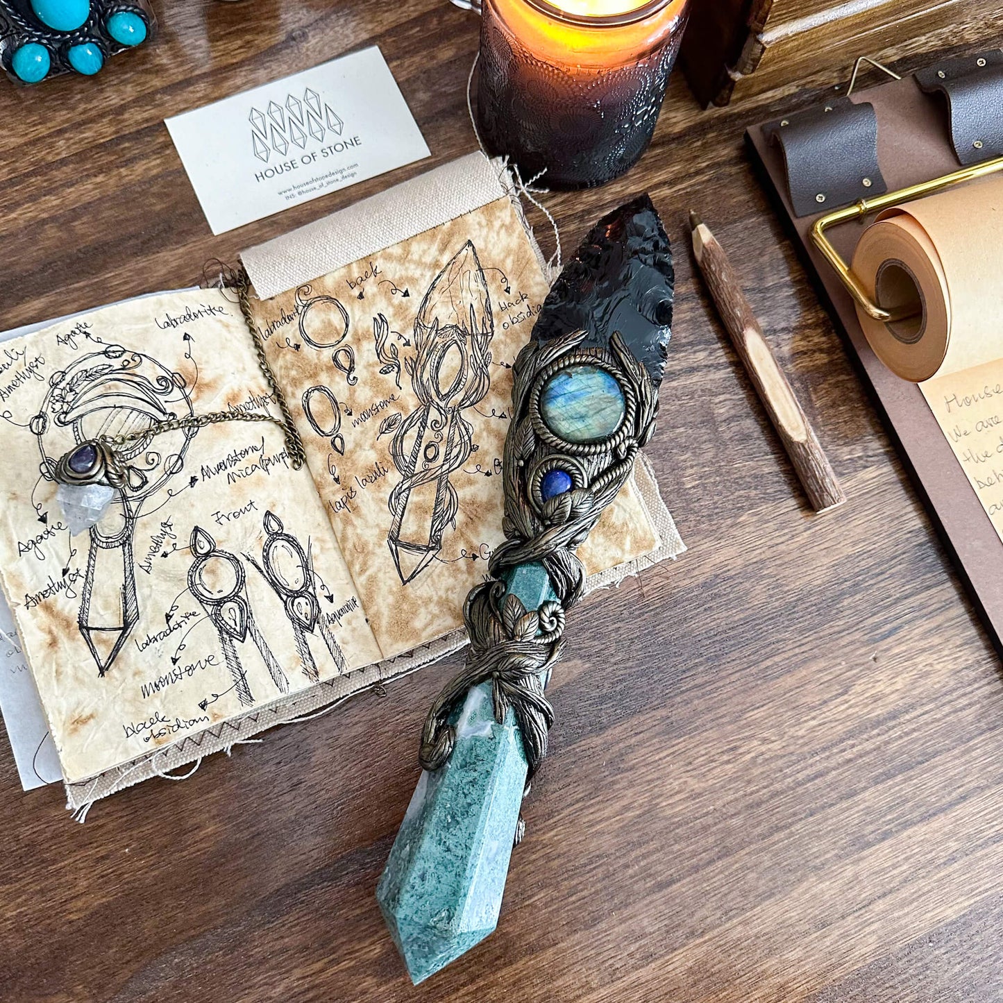 Handmade Natural Black Obsidian Wand/Magic Moss Agte Witch Crystal Wand/Labradorite Wand/Chakra/Manifest Altar Tool