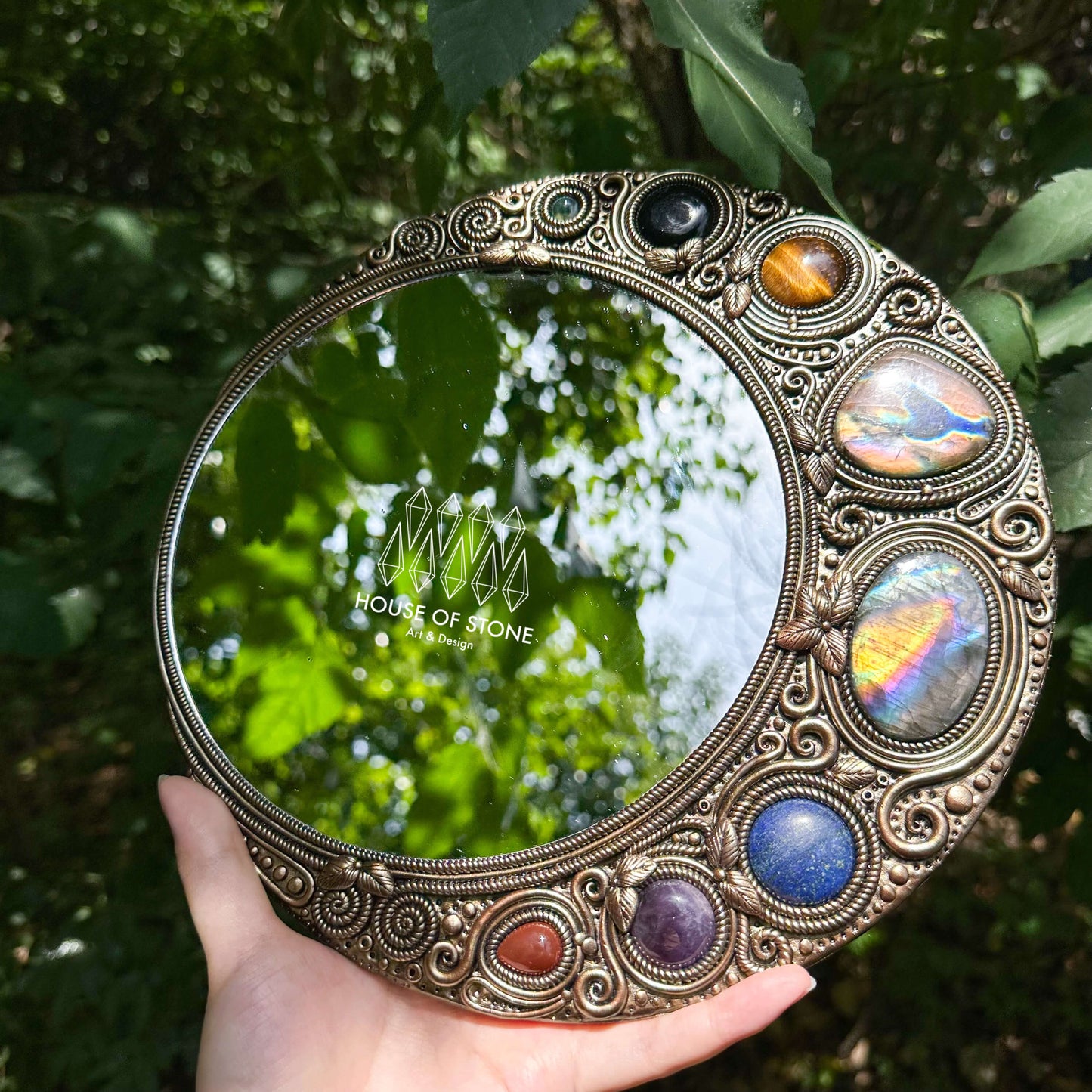 Natural Handmade Crystal Mirror/Magic Crystal Witch Mirror/Labradorite Mirror/Crystal Quartz Mirror/Chakra Healing/Manifest Altar Tool