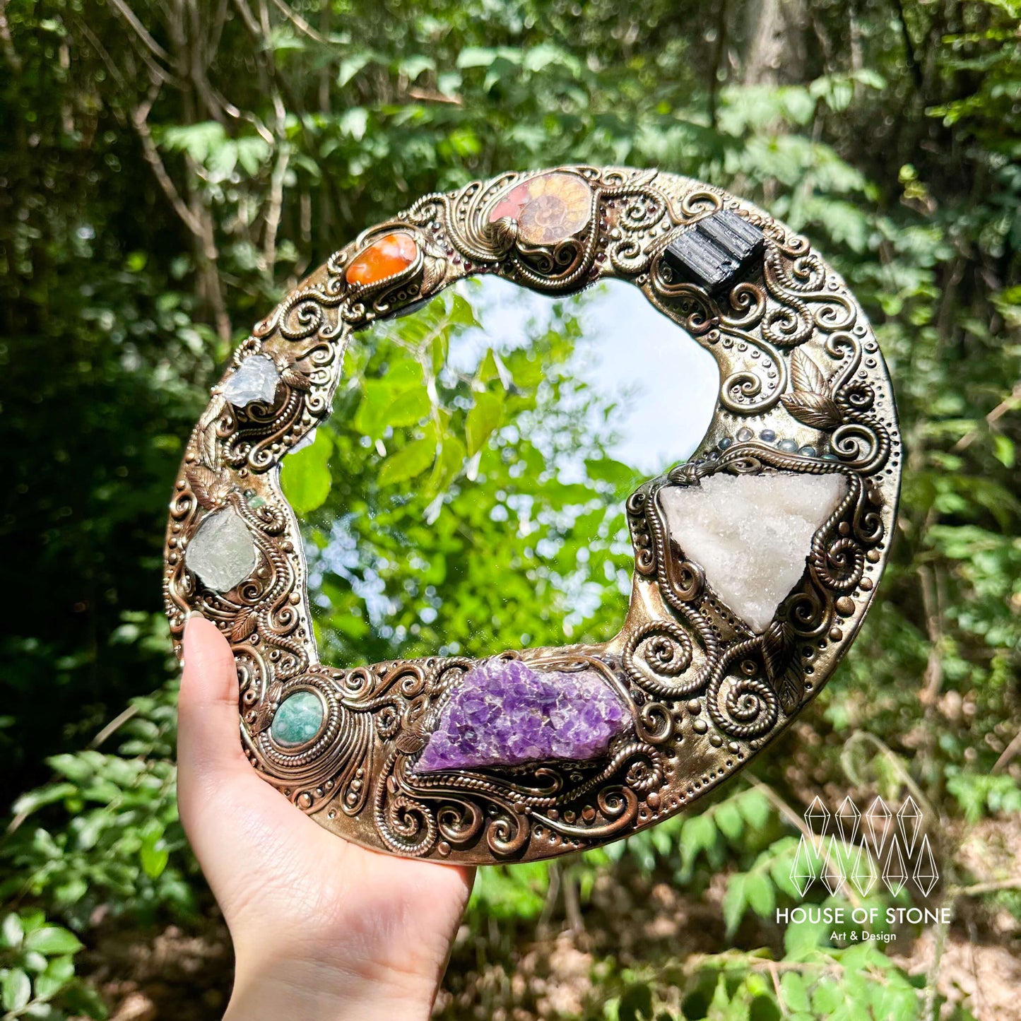 Natural Handmade Crystal Mirror/Magic Crystal Witch Mirror/Labradorite Mirror/Crystal Quartz Mirror/Chakra Healing/Manifest Altar Tool
