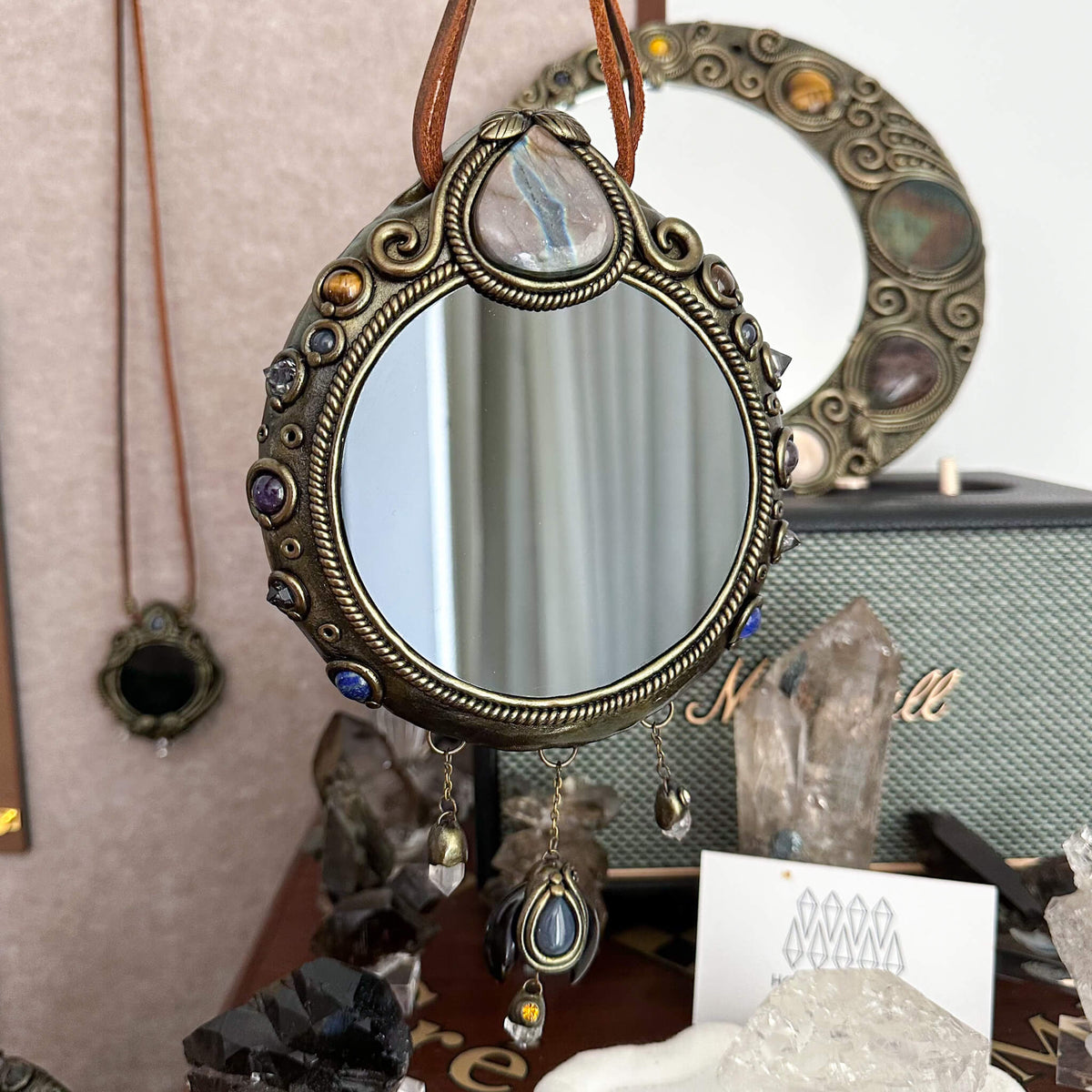 Handmade Natural Black Obsidian Crystal Wall Hanging Decor/Magic Obsidian Mirror Spiritual Window Interior Room Hangings/Scrying Mirror Door Hanging/Altar Tool