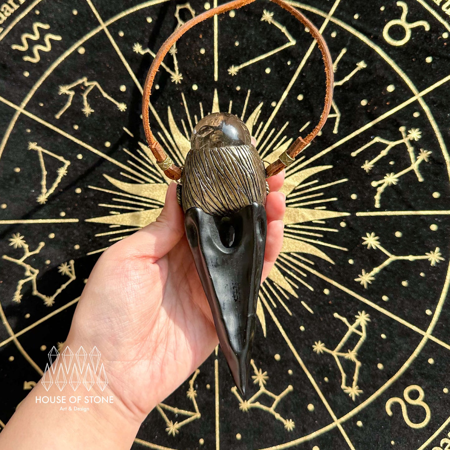 Handmade Natural Black Obsidian Raven Skull Pendant Necklace/Magic Smoky Quartz Crystal Protection Pendant/Ammonite Jewelry/Altar Tool