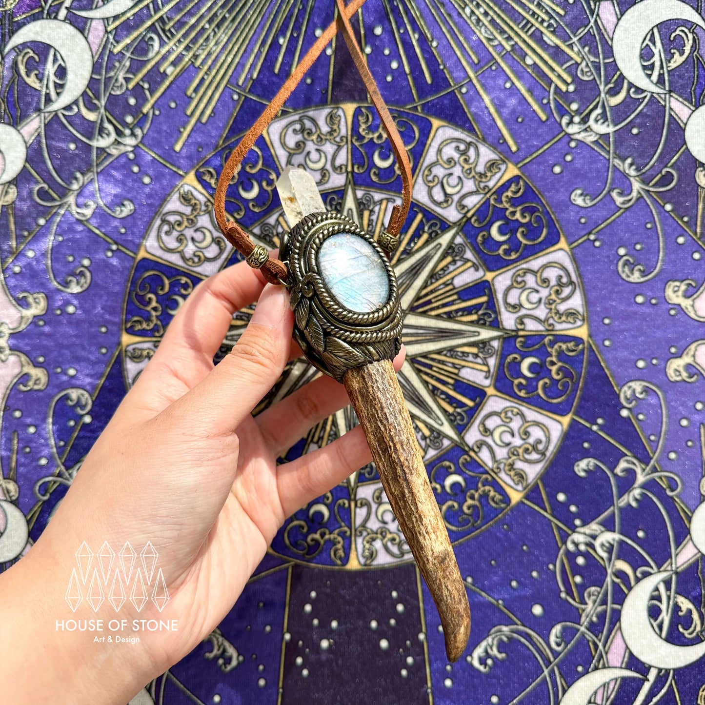 Handmade Natural Crystal Quartz Antler Pendant/Magic Crystal Necklace/Amethyst Labradorite Pendant/Root Chakra/Boho Necklace/Altar Tool