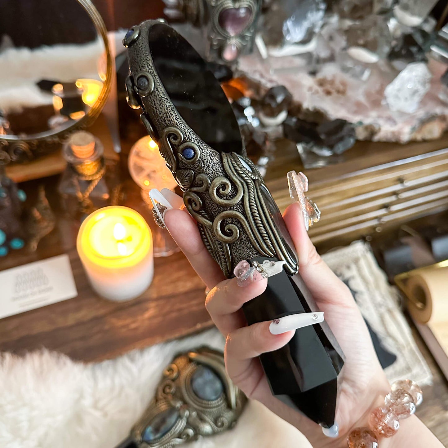 Handmade Natural Black Obsidian Mirror/Magic Obsidian Witch Wand/Crystal Quartz Wand/Scrying Mirror Wand/Root Chakra/Manifest Altar Tool