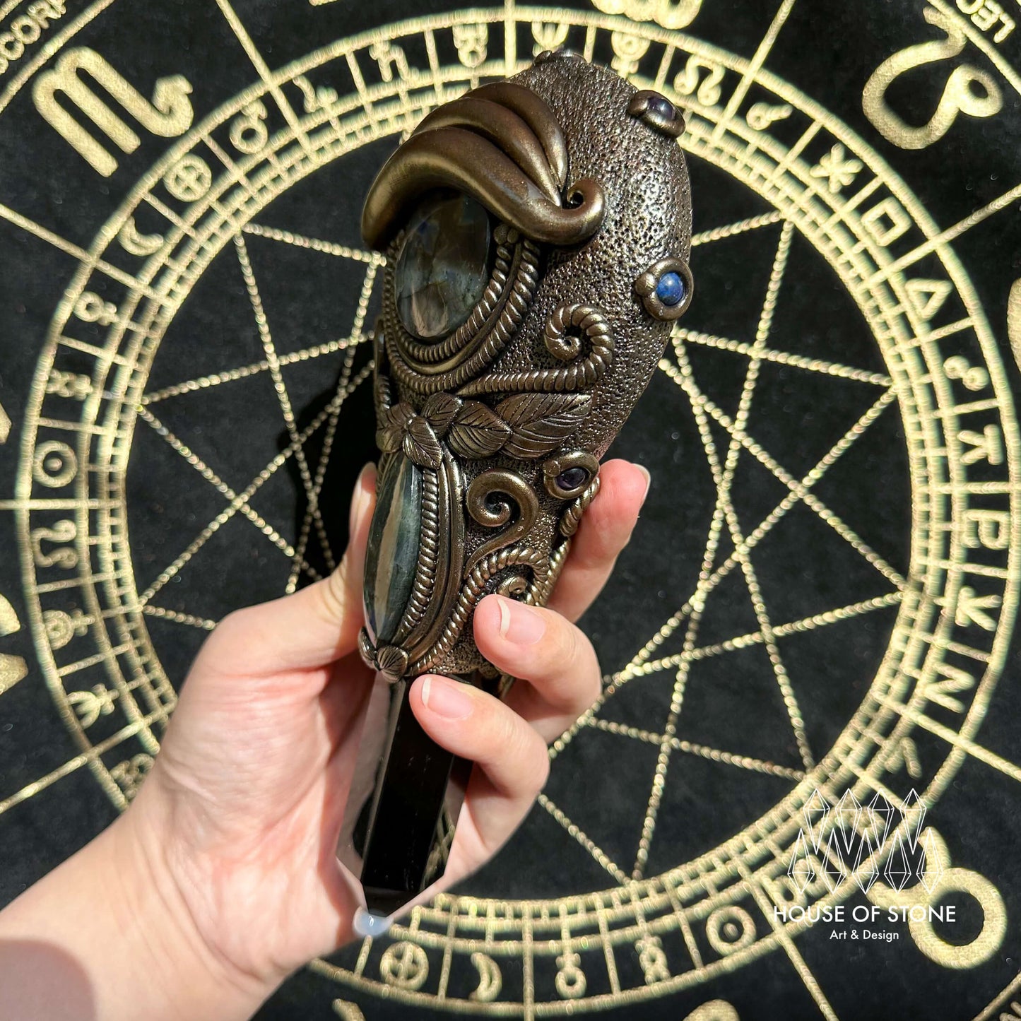 Handmade Natural Black Obsidian Mirror/Magic Obsidian Witch Wand/Crystal Quartz Wand/Scrying Mirror Wand/Root Chakra/Manifest Altar Tool