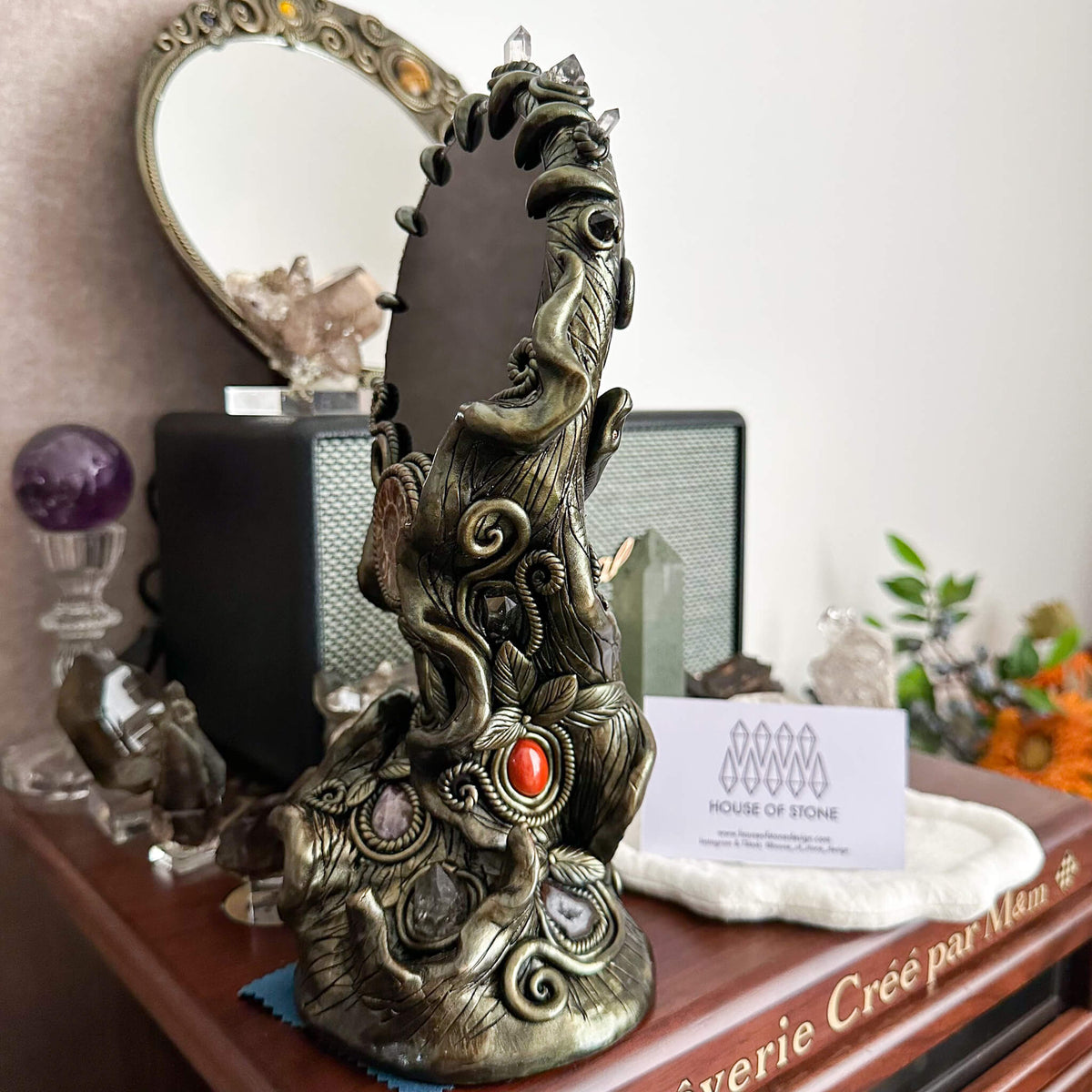Handmade Natural Black Obsidian Mirror/Magic Obsidian Witch/Crystal Quartz with Base/Scrying Mirror/Root Chakra/Manifest Altar Tool