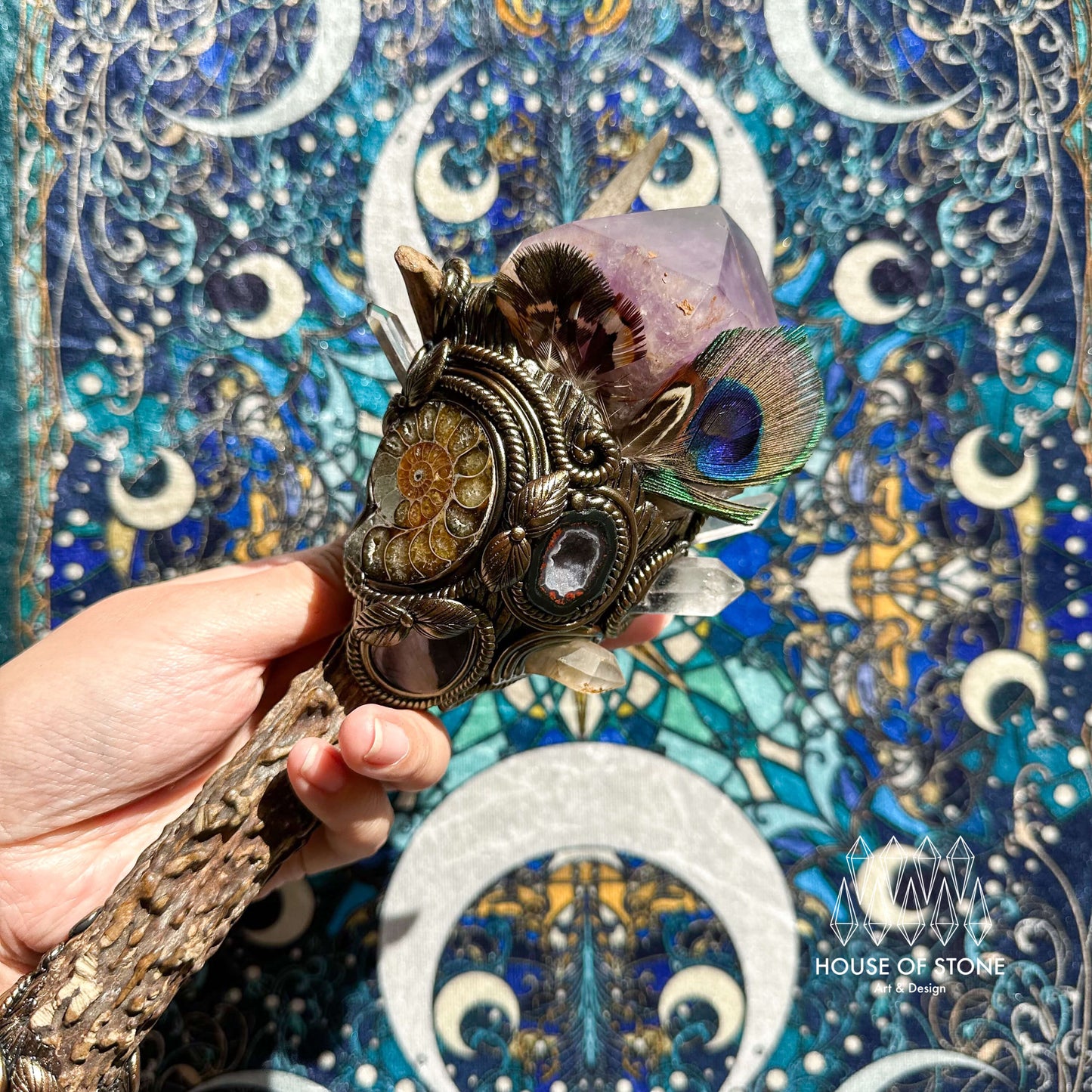 Handmade Natural Crystal Amethyst Antler Wand/Magic Clear Quartz Witch Wand/Labradorite Amethyst Ammonite Antler Stem/Chakra/Altar Tool