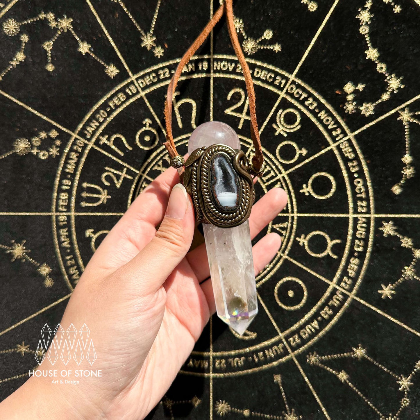 Handmade Natural Aura Quartz Pendant Necklace/Magic Rose Quartz Crystal Protection Pendant/Labradorite Jewelry/Chakra/Altar Tool