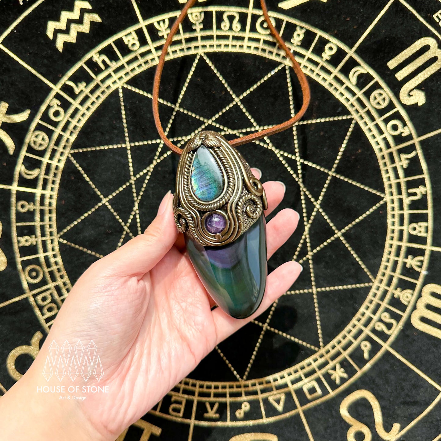 Natural Handmade Rainbow Obsidian Pendant Necklace/Magic Crystal Double-sided Pendant/Amethyst Labradorite Necklace/Root Chakra/Altar Tool