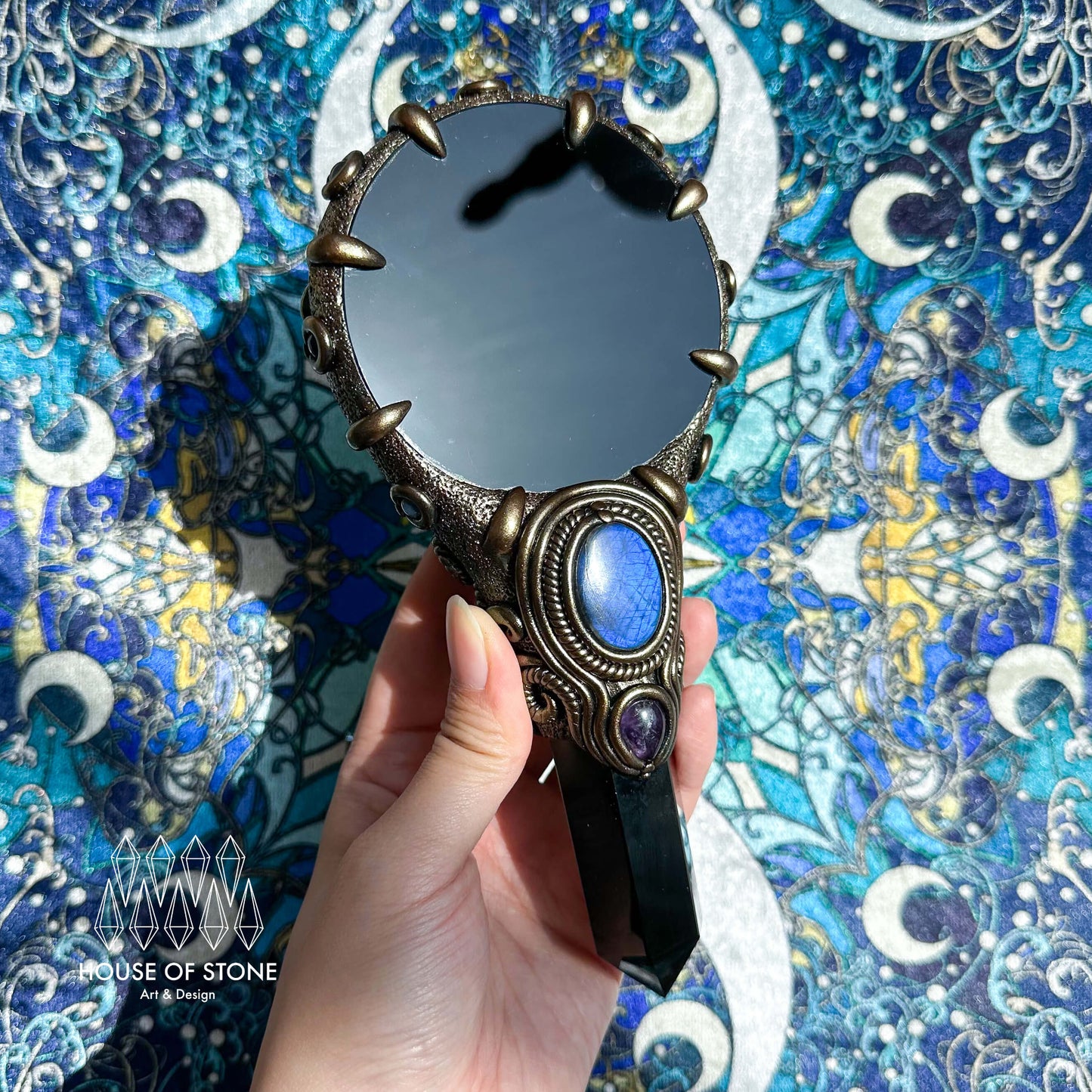 Handmade Natural Black Obsidian Mirror/Magic Obsidian Witch Wand/Crystal Quartz Wand/Scrying Mirror Wand/Root Chakra/Manifest Altar Tool