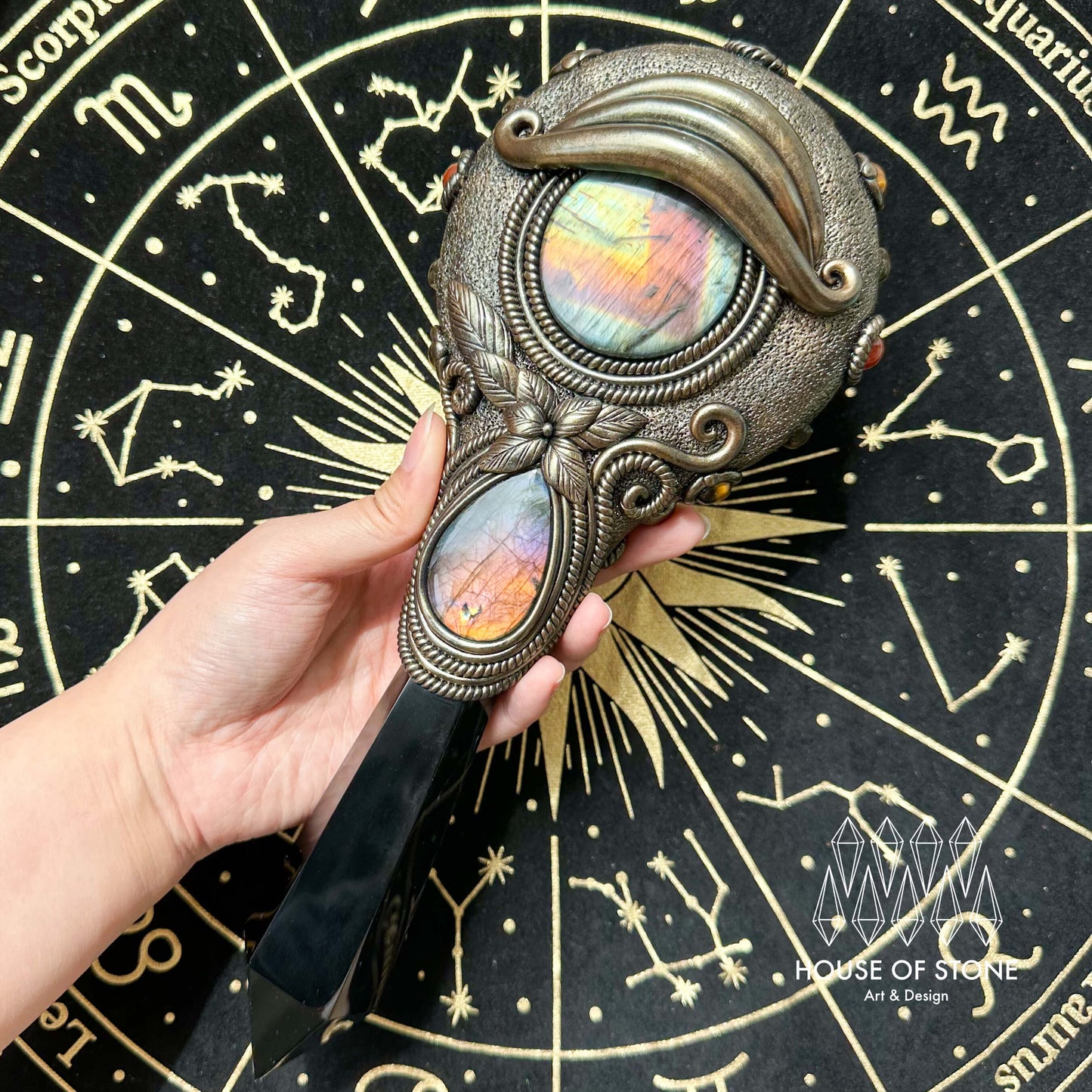 Handmade Natural Black Obsidian Mirror/Magic Obsidian Witch Wand/Crystal Quartz Wand/Scrying Mirror Wand/Root Chakra/Manifest Altar Tool