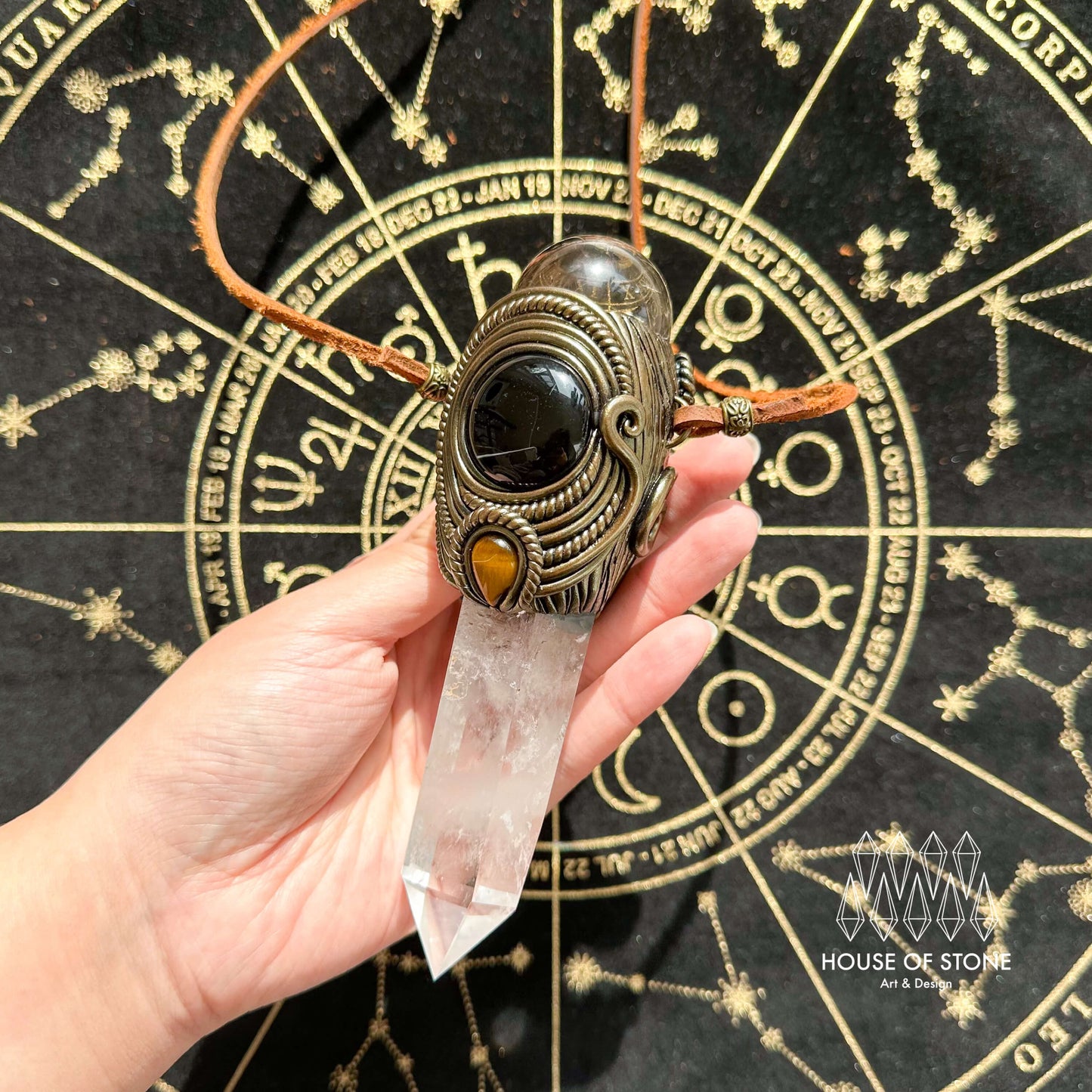 Handmade Natural Clear Quartz Pendant Necklace/Magic Smoky Quartz Crystal Protection Pendant/Obsidian Labradorite Jewelry/Chakra/Altar Tool