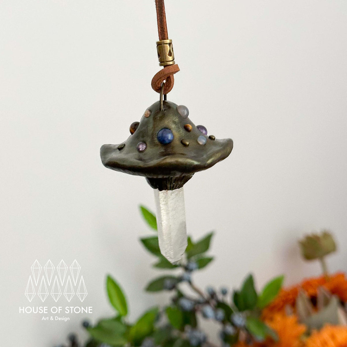 Handmade Natural Clear Quartz Pendant Necklace/Magic Mushroom Crystal Protection Pendant/Amulet Talisman Jewelry/Chakra/Altar Tool